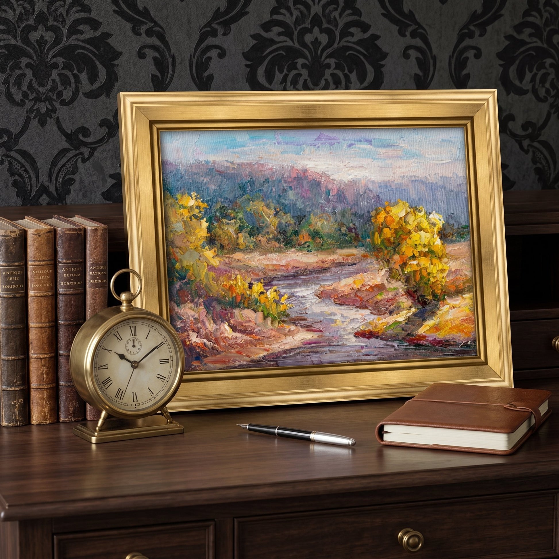 Study, Traditional — Original Impressionist landscape adds vibrant color and serene energy to a classic dark wood and damask interior