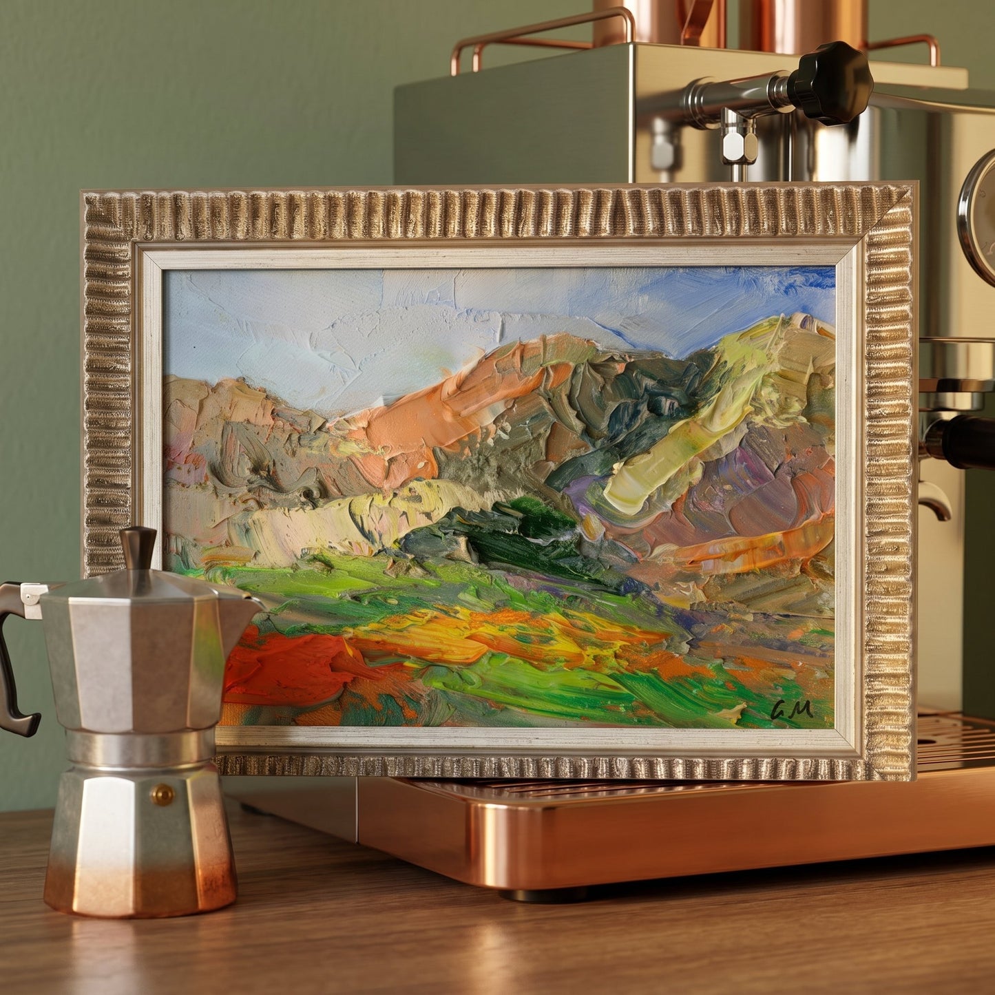Modern kitchen, minimalist industrial — expressive landscape painting adds vibrant color and texture as a dynamic focal point