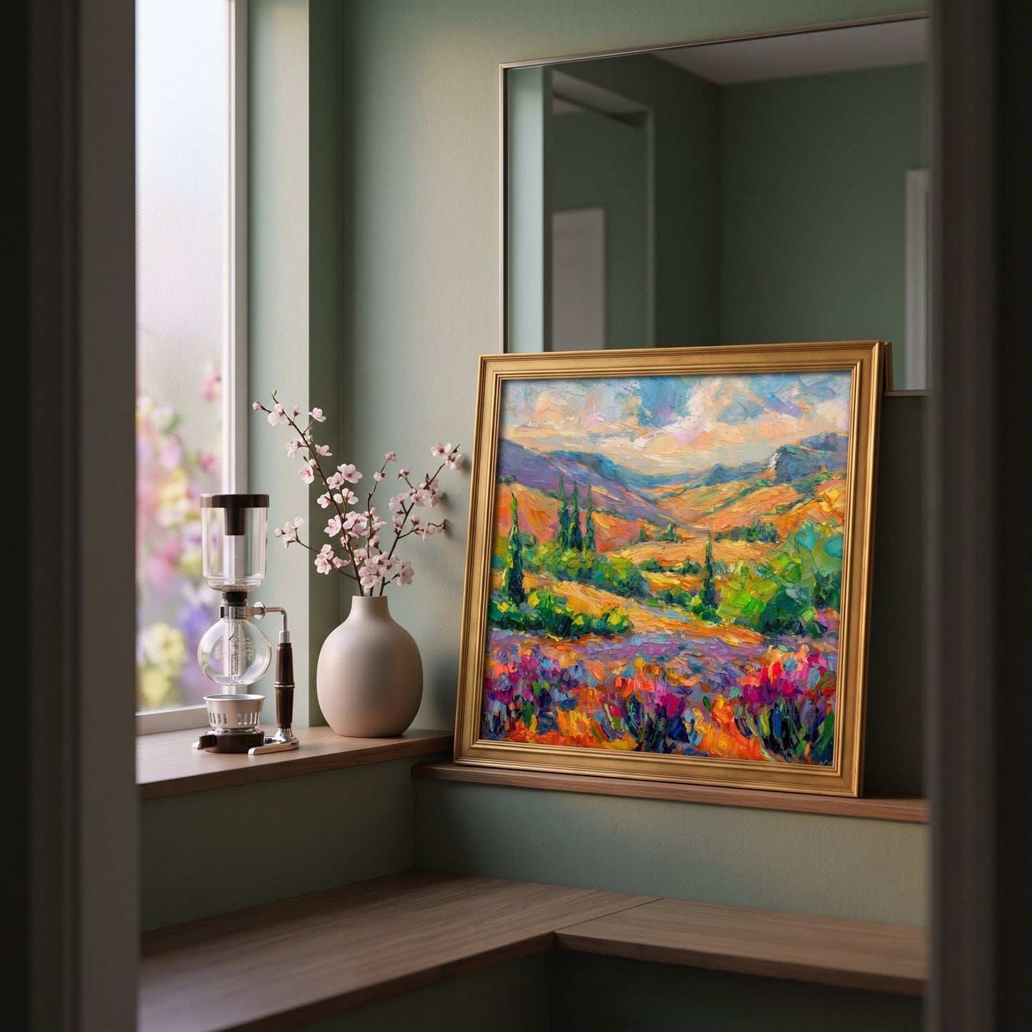 Contemporary living room — vibrant Impressionist landscape elevates minimalist space with warm natural light