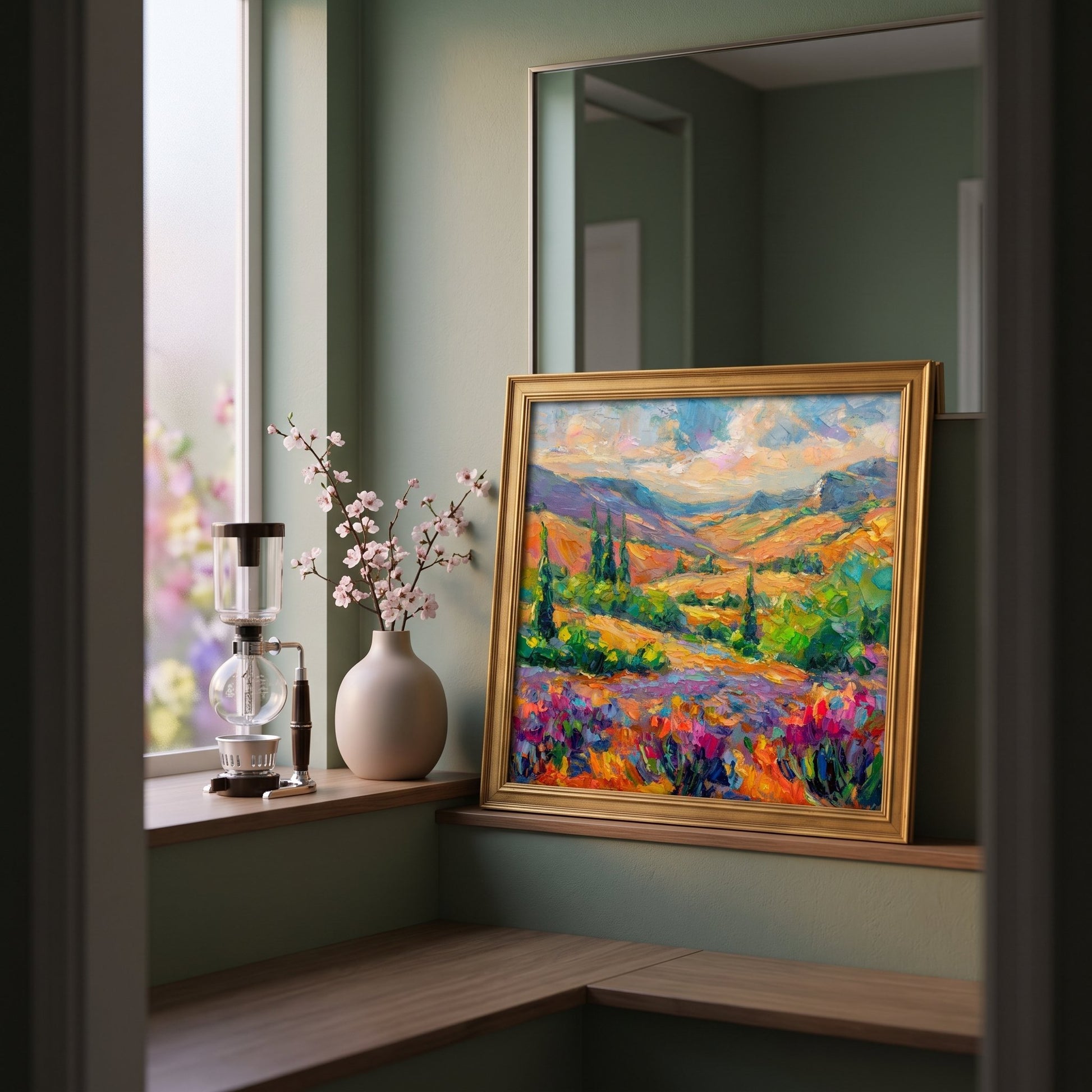 Contemporary living room — vibrant Impressionist landscape elevates minimalist space with warm natural light