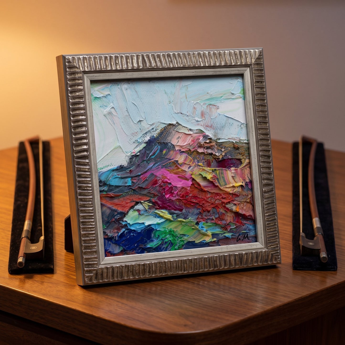 Contemporary study — Vibrant Expressionist landscape painting elevates minimalist space with bold color and texture