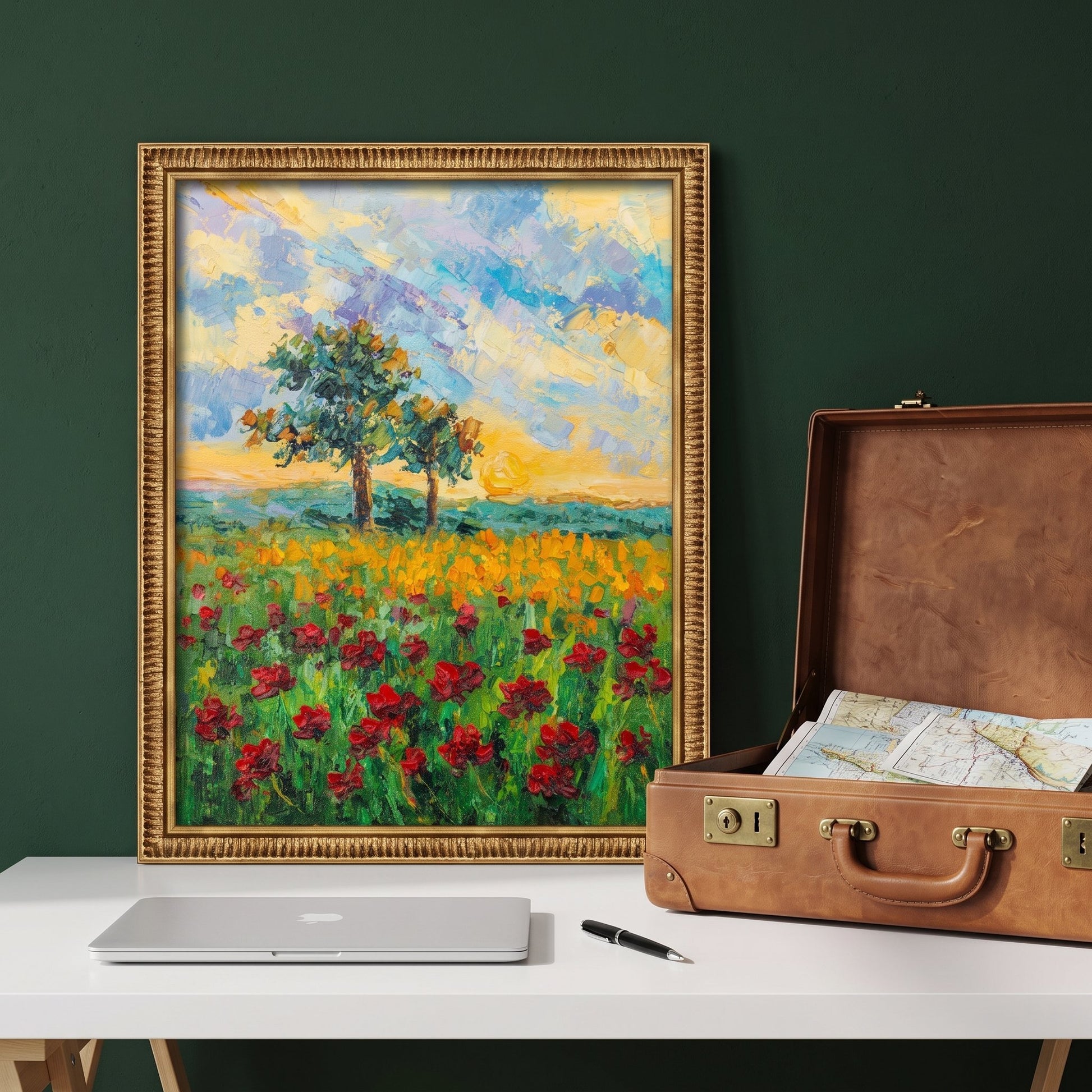 Modern study, minimalist decor — vibrant Impressionist landscape elevates the space with bold color and natural texture