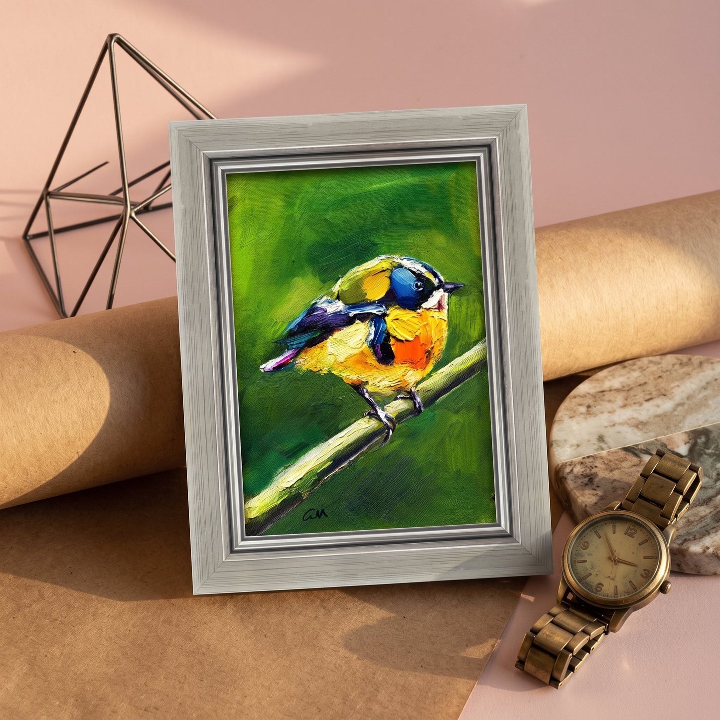 Contemporary living room — Vibrant bird painting adds color and life to minimalist decor