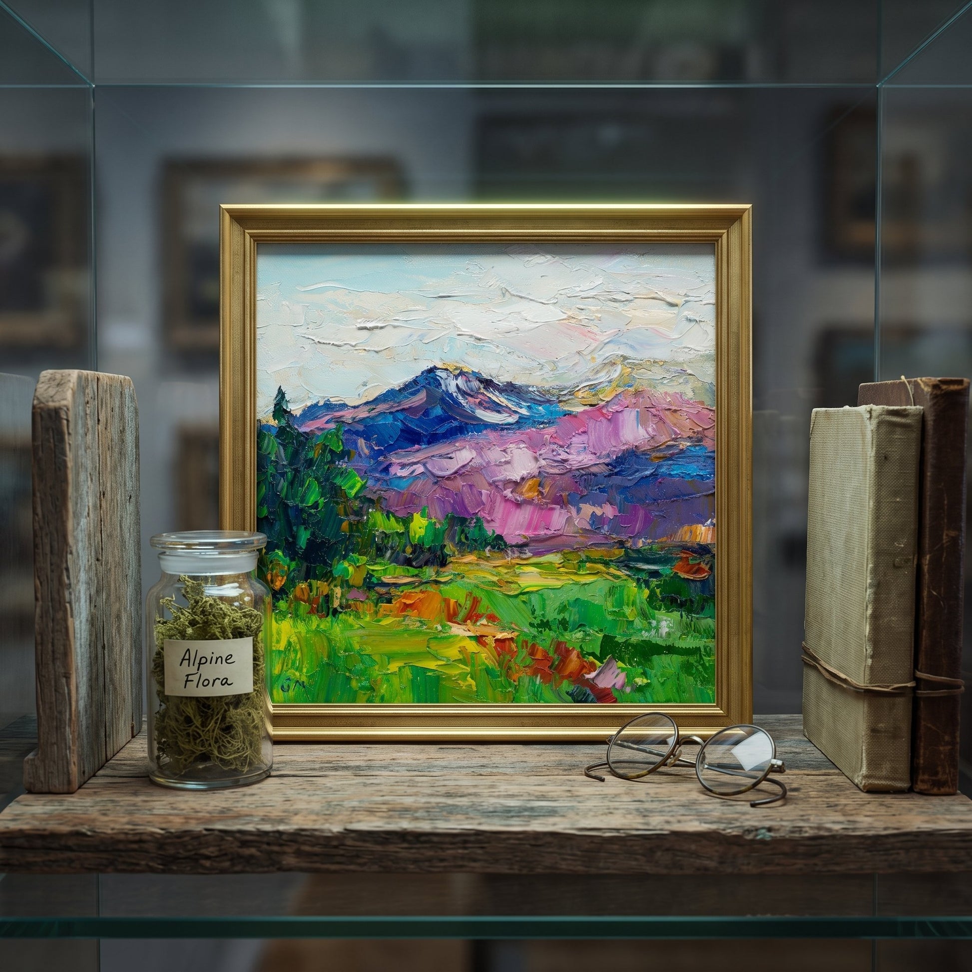 Rustic farmhouse study — vibrant Impressionist landscape elevates the space with rich colors and textured artistry