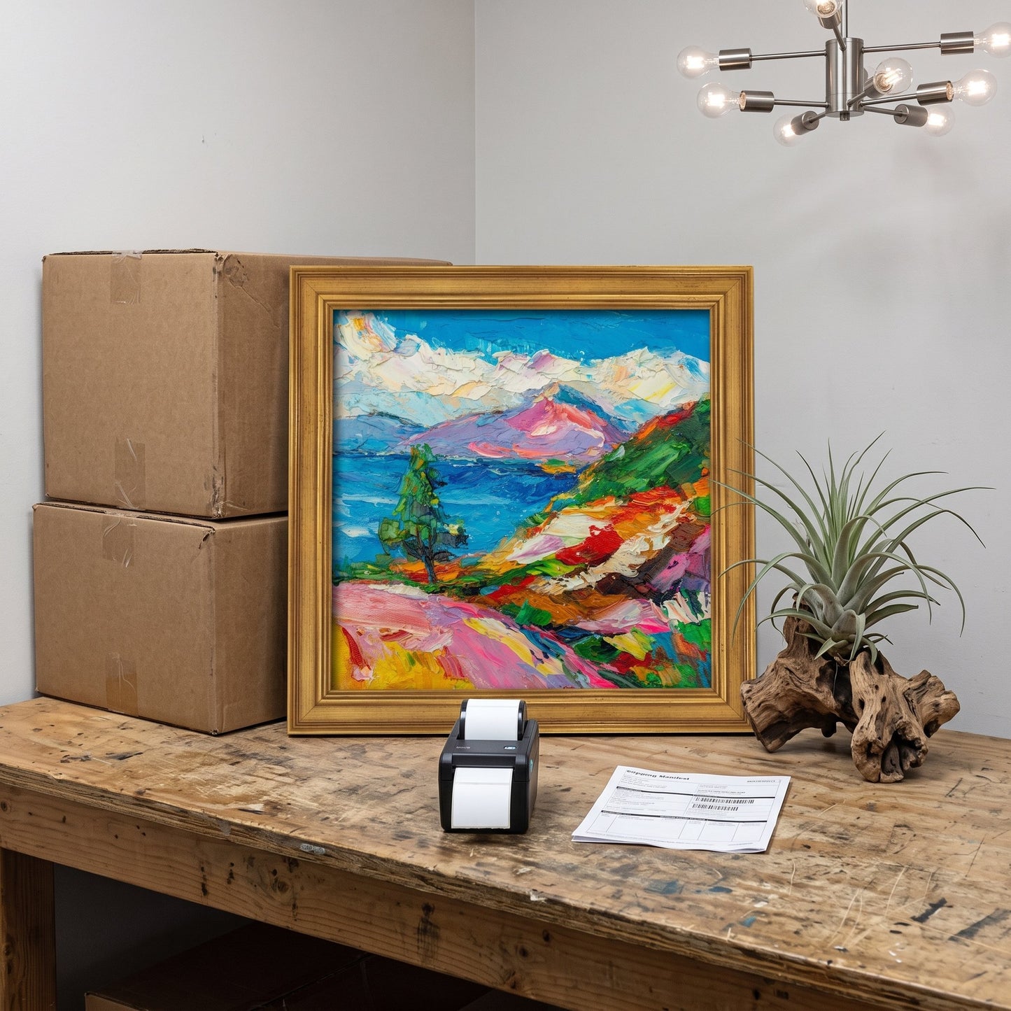 Rustic Farmhouse Workspace — Vibrant expressionist landscape painting adds bold color and artistic energy to the space
