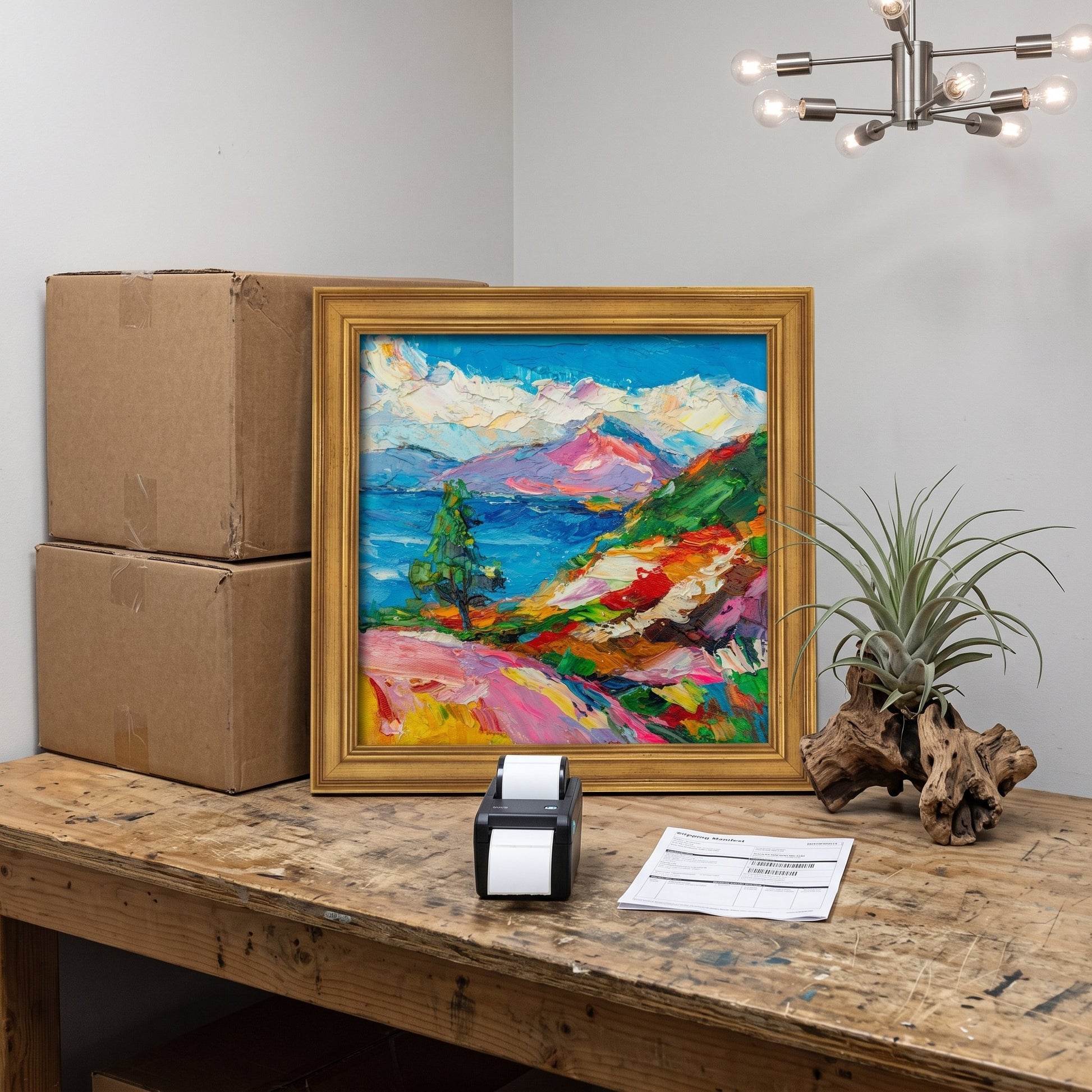 Rustic Farmhouse Workspace — Vibrant expressionist landscape painting adds bold color and artistic energy to the space