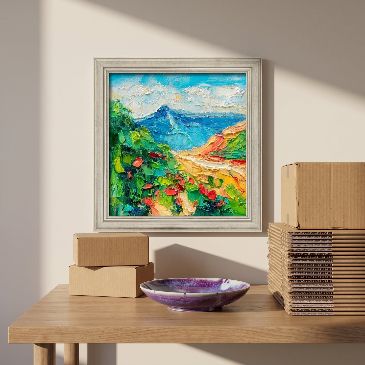 Minimalist entryway — vibrant Impressionist landscape elevates neutral space with bold color and texture