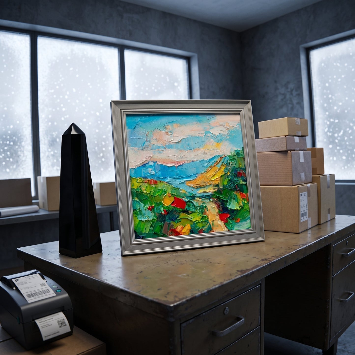IndustrialLoftWorkspace — VibrantImpressionistLandscapeAddsColorAndLifeToMinimalistSpace