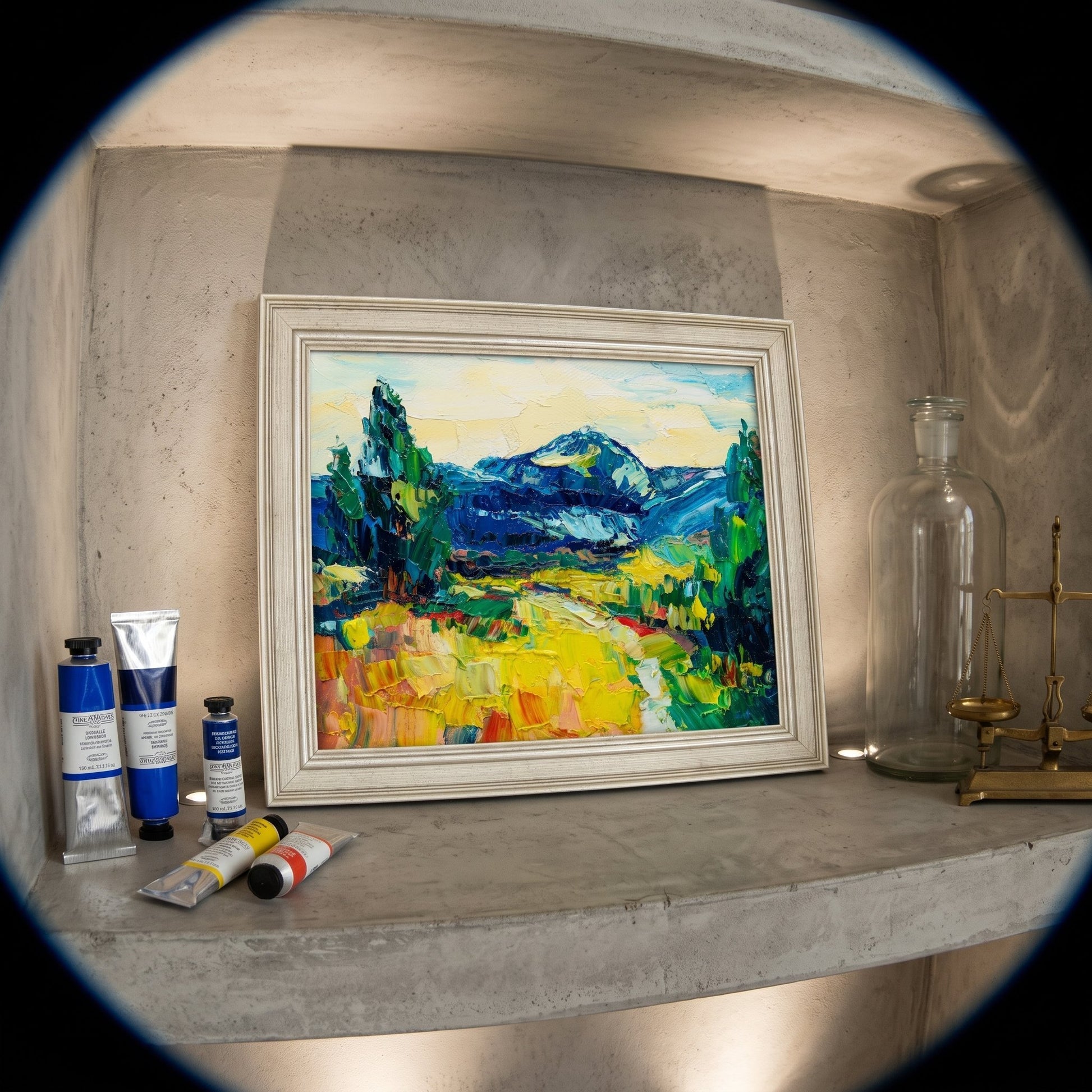 Minimalist studio — vibrant expressionist landscape transforms neutral space into an artistic focal point