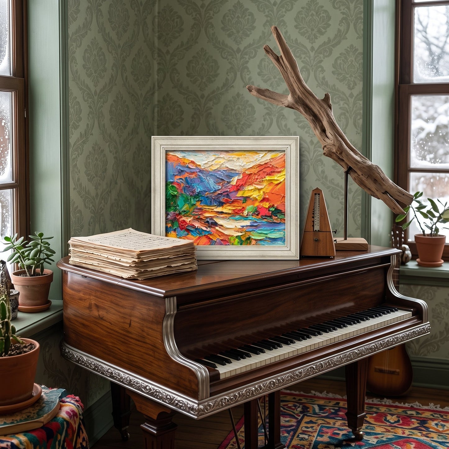 Vintage music room — vibrant expressionist landscape painting energizes the space with bold color and texture