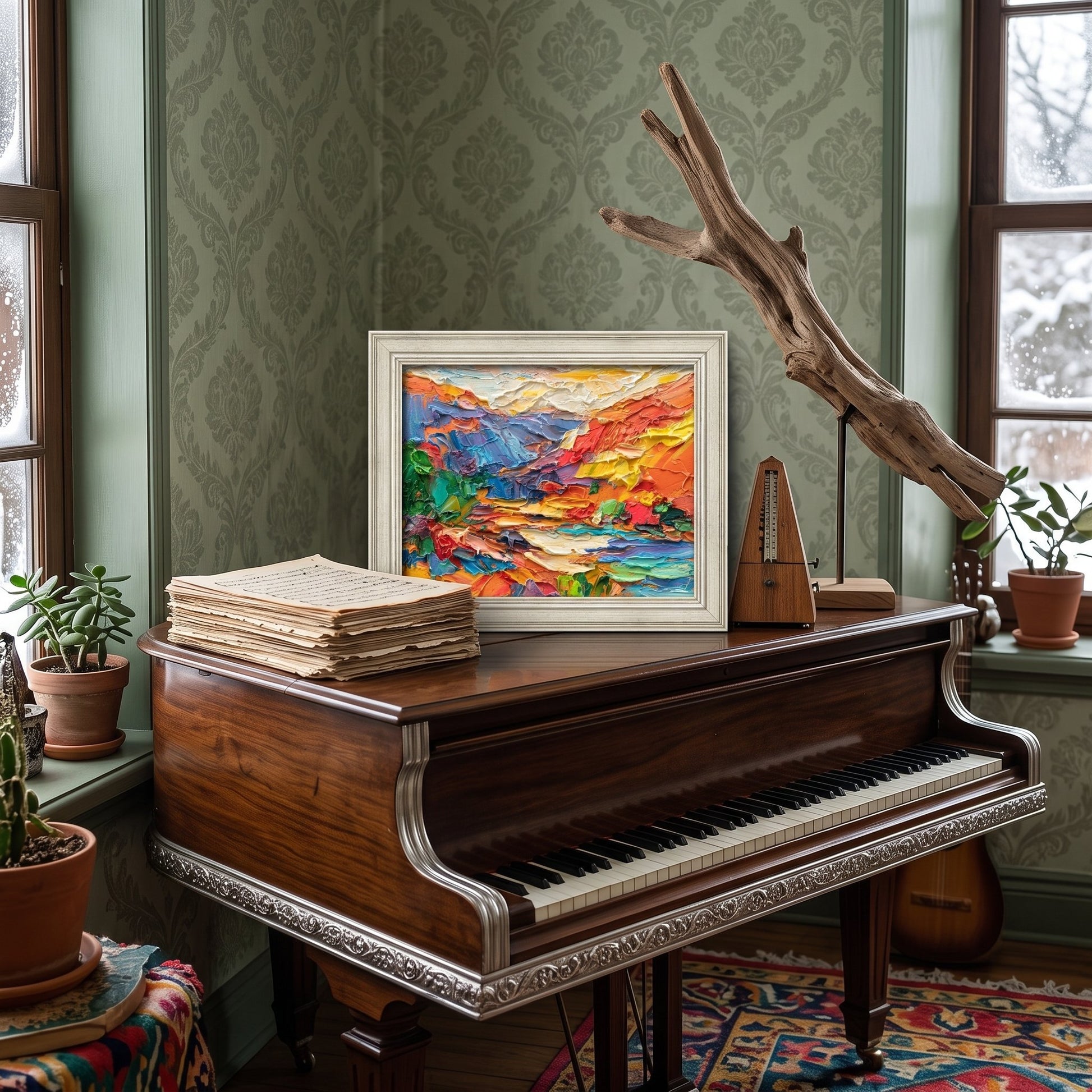 Vintage music room — vibrant expressionist landscape painting energizes the space with bold color and texture