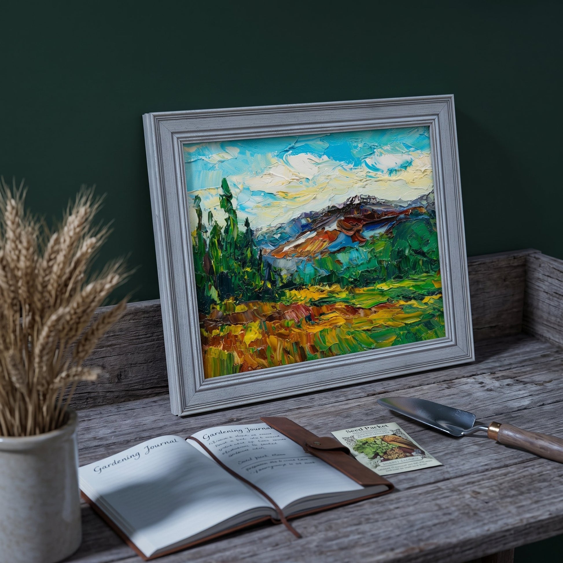 Rustic Farmhouse Study — Vibrant Impressionist Landscape Elevates Earthy Workspace with Colorful Nature Scene
