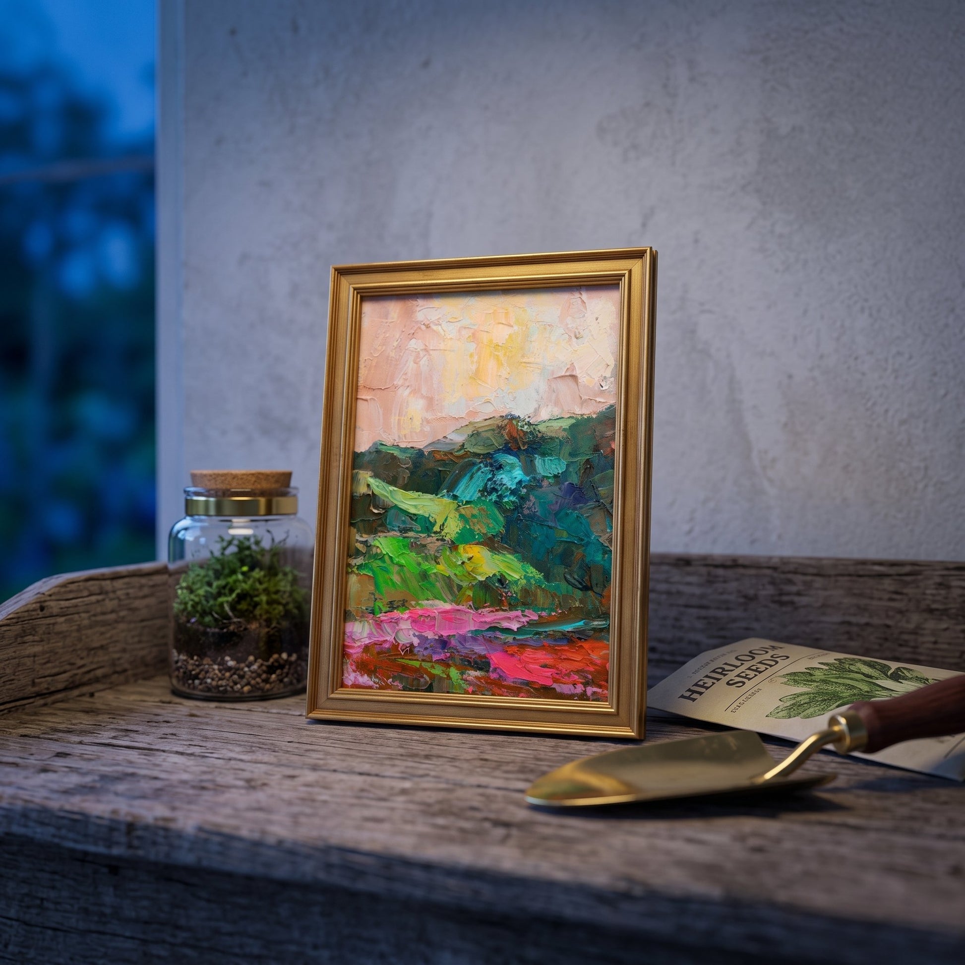 Rustic Farmhouse Entryway — Vibrant expressionist landscape painting adds color and soul to a weathered wood console
