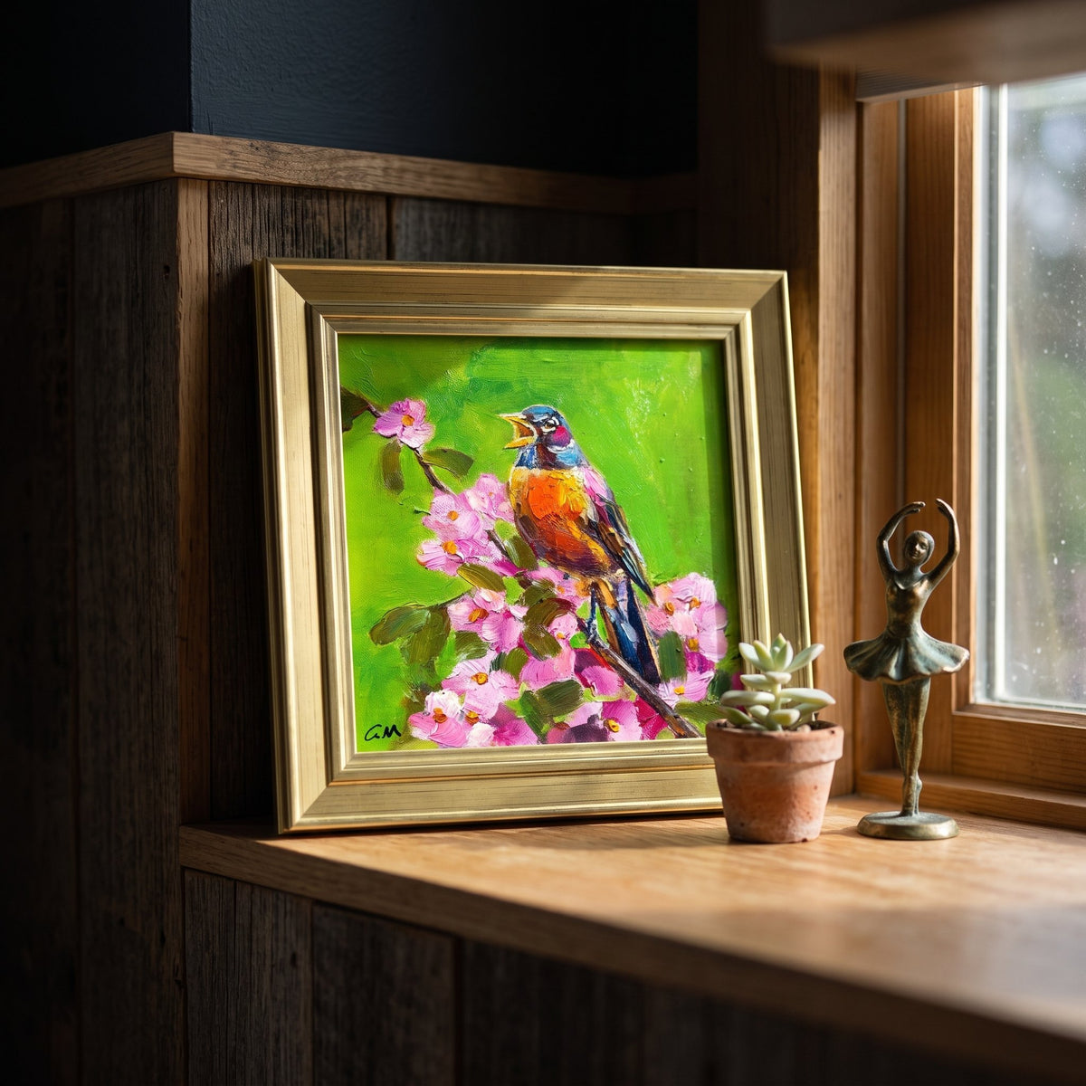 Rustic Farmhouse Bedroom — Vibrant Impressionist bird painting adds color and life to a sunlit wooden windowsill