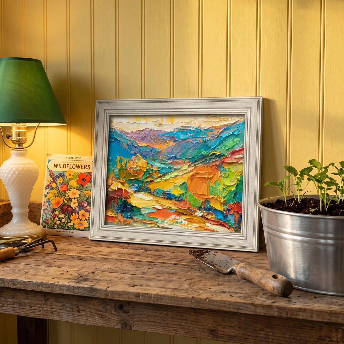 Rustic Farmhouse Entryway — Vibrant expressionist landscape painting energizes the space with bold colors and textured artistry