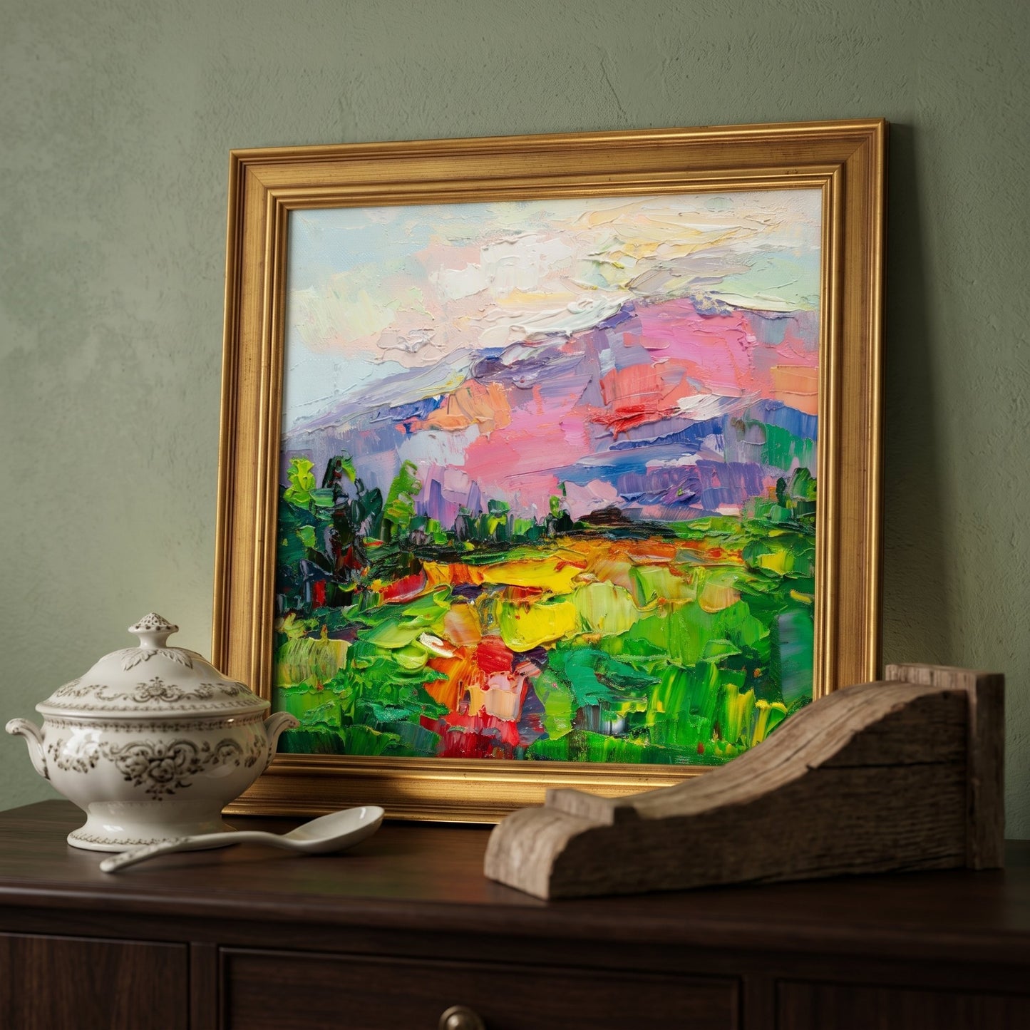 Rustic Farmhouse Entryway — Vibrant Impressionist landscape elevates traditional decor with bold color and texture