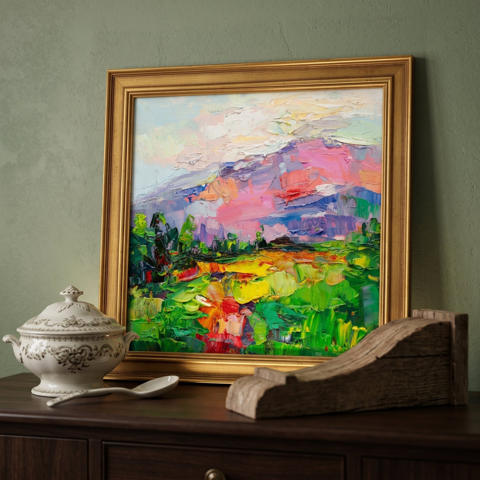 Rustic Farmhouse Entryway — Vibrant Impressionist landscape elevates traditional decor with bold color and texture