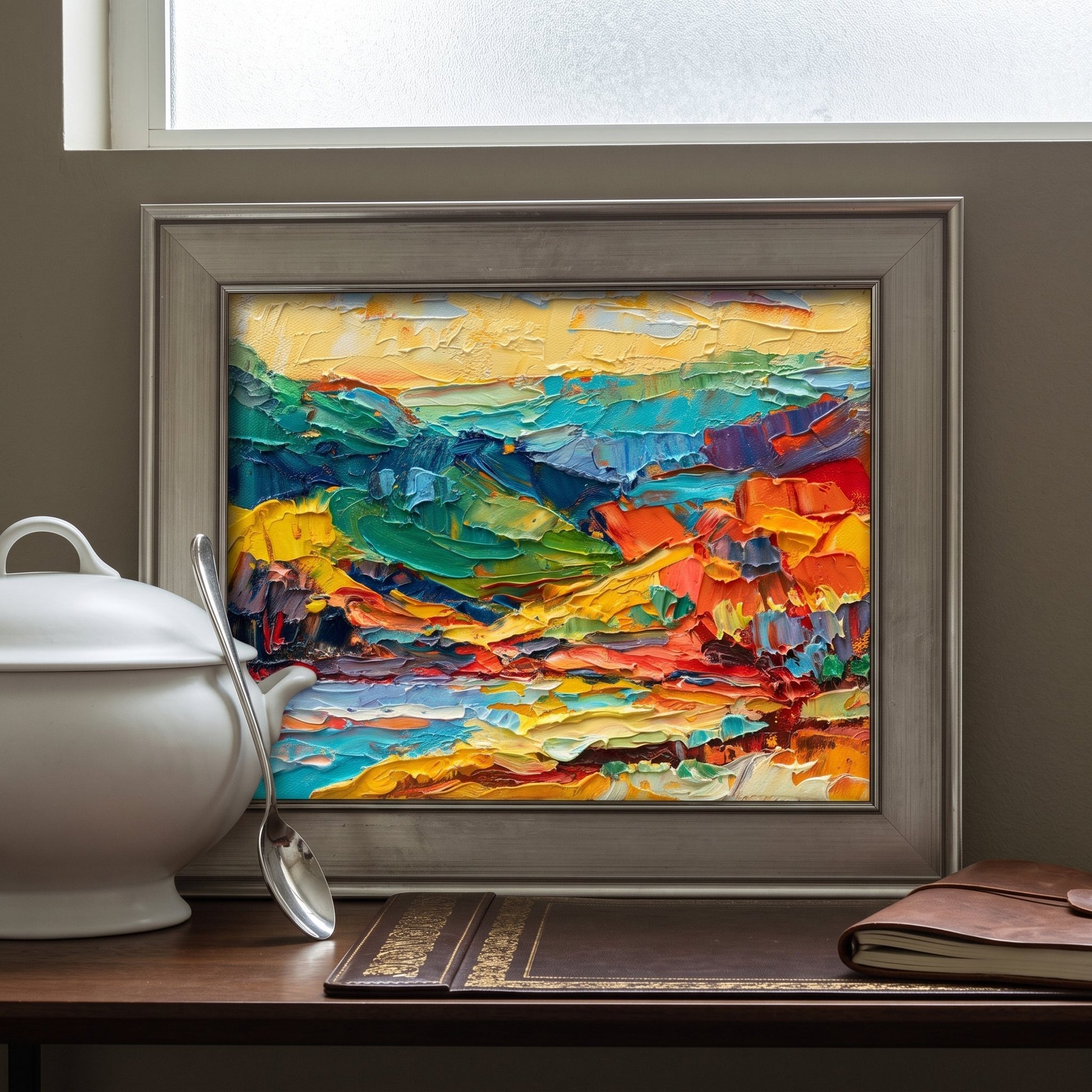 Contemporary study — Vibrant abstract landscape painting energizes the space with bold colors and expressive texture