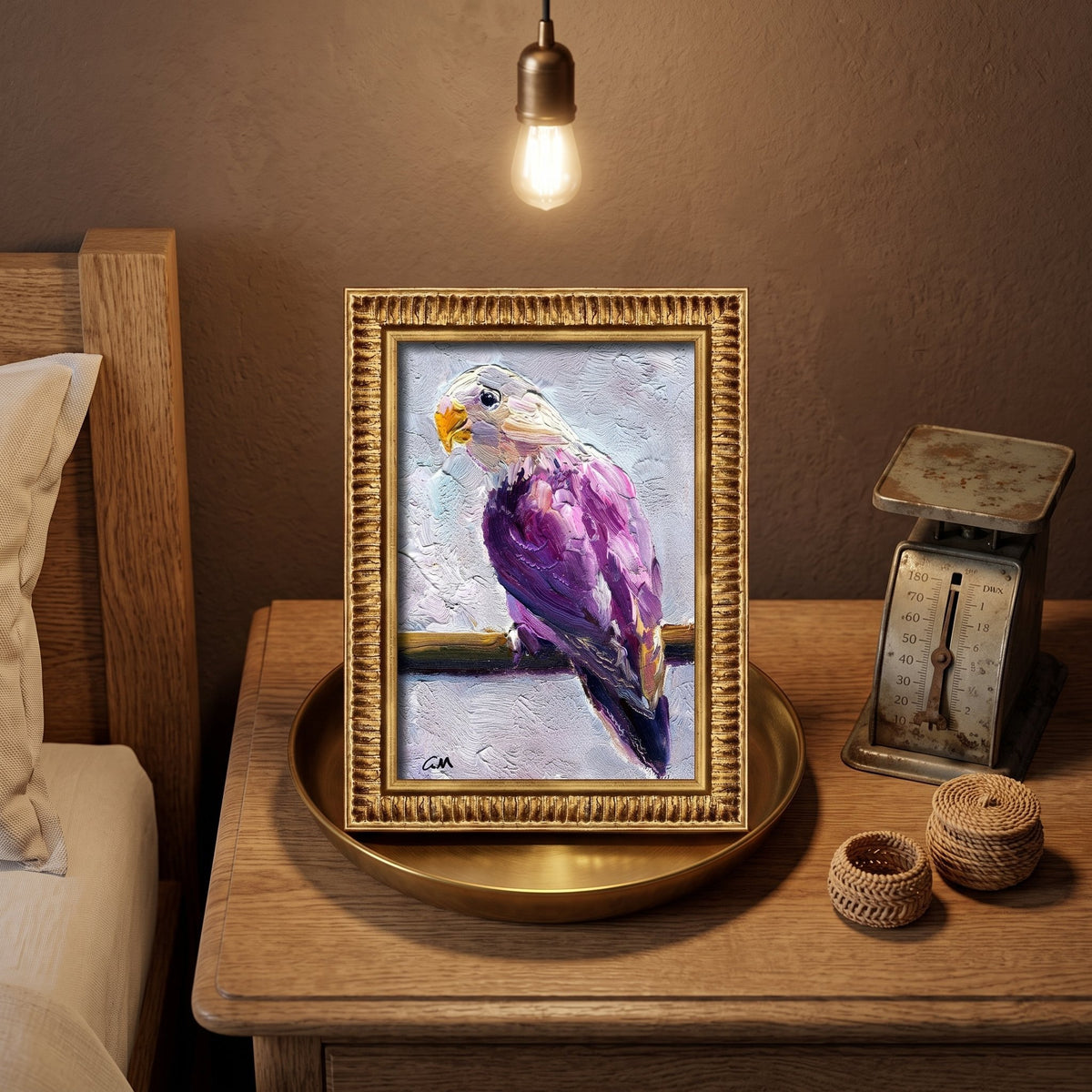 RusticFarmhouseBedroom — Expressionist bird painting adds vibrant color and texture as a focal point under warm lamplight