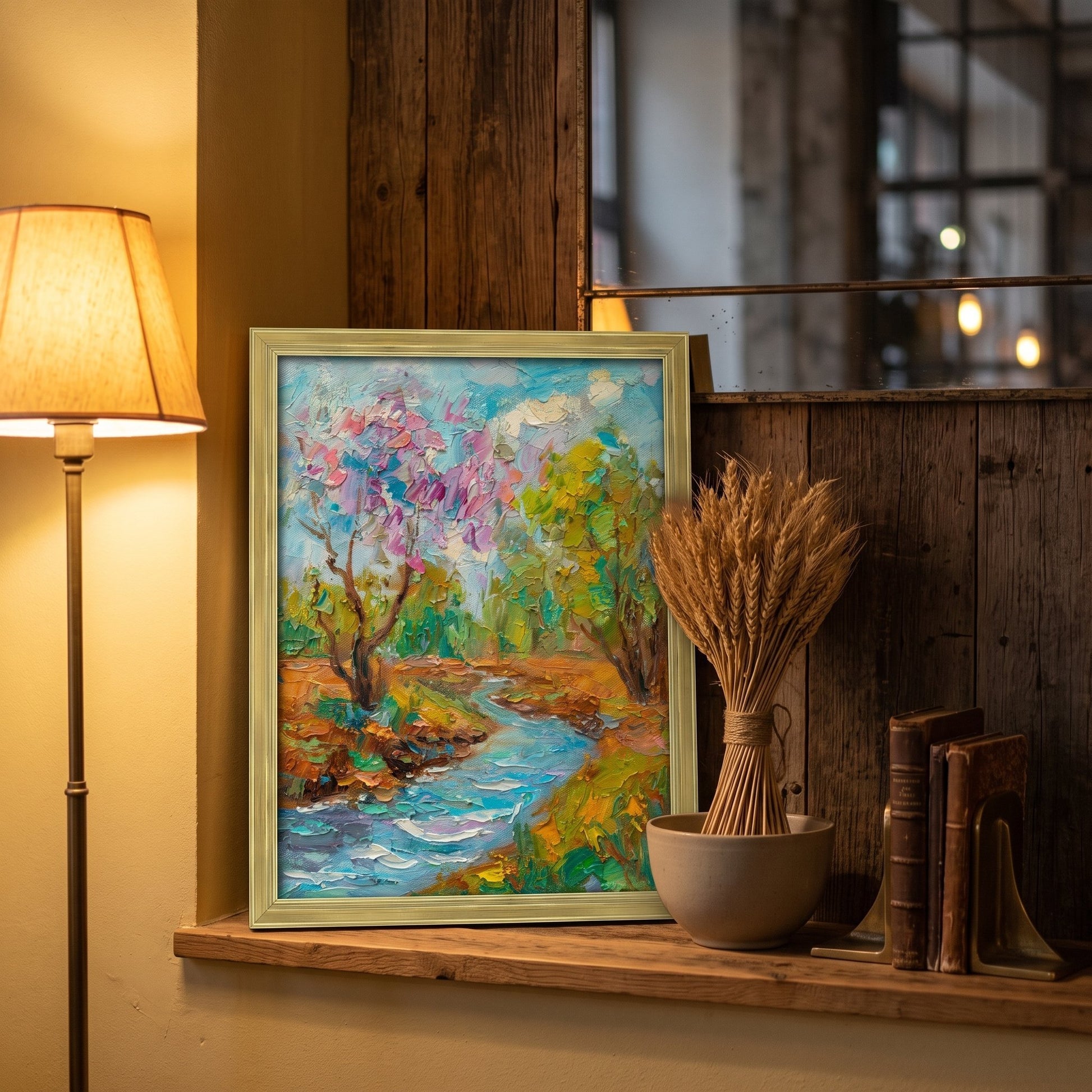 Rustic Farmhouse Living Room — Vibrant Impressionist Landscape Painting Adds Color and Nature-Inspired Warmth to Cozy Wood-Accented Space