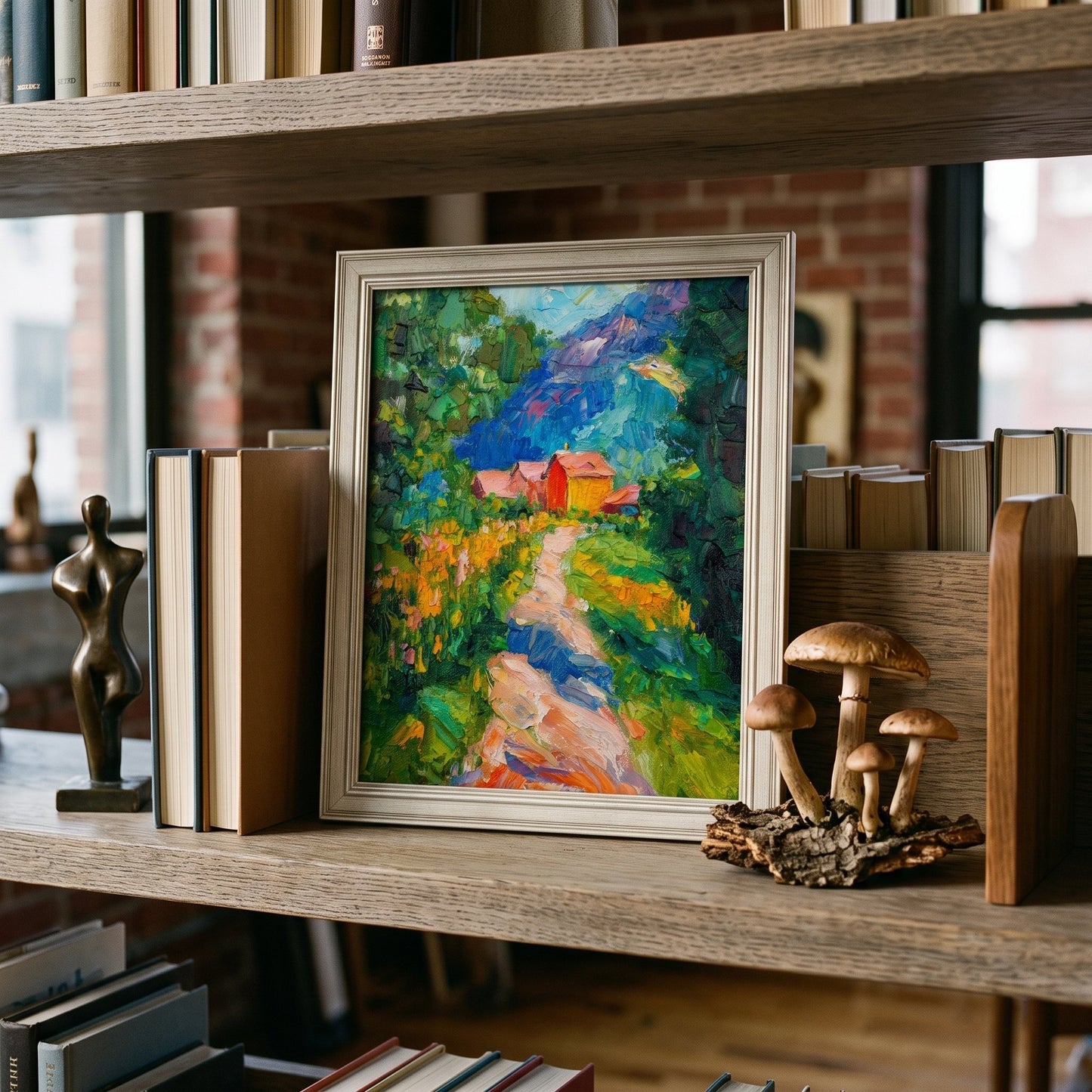 Rustic Farmhouse Study — Vibrant Post-Impressionist landscape transforms the space with bold colors and textured nature imagery