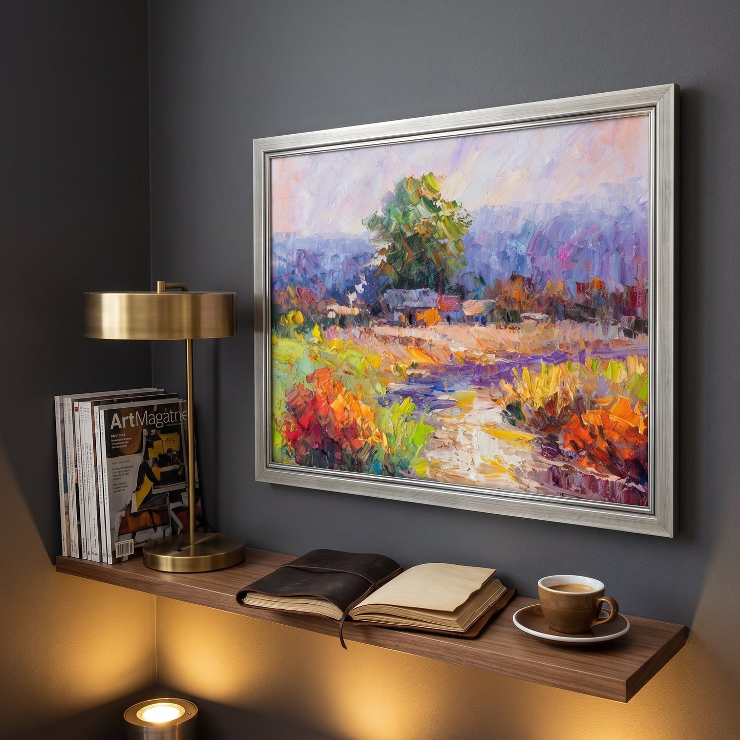 Contemporary study — Vibrant Impressionist landscape elevates minimalist space with bold color and texture