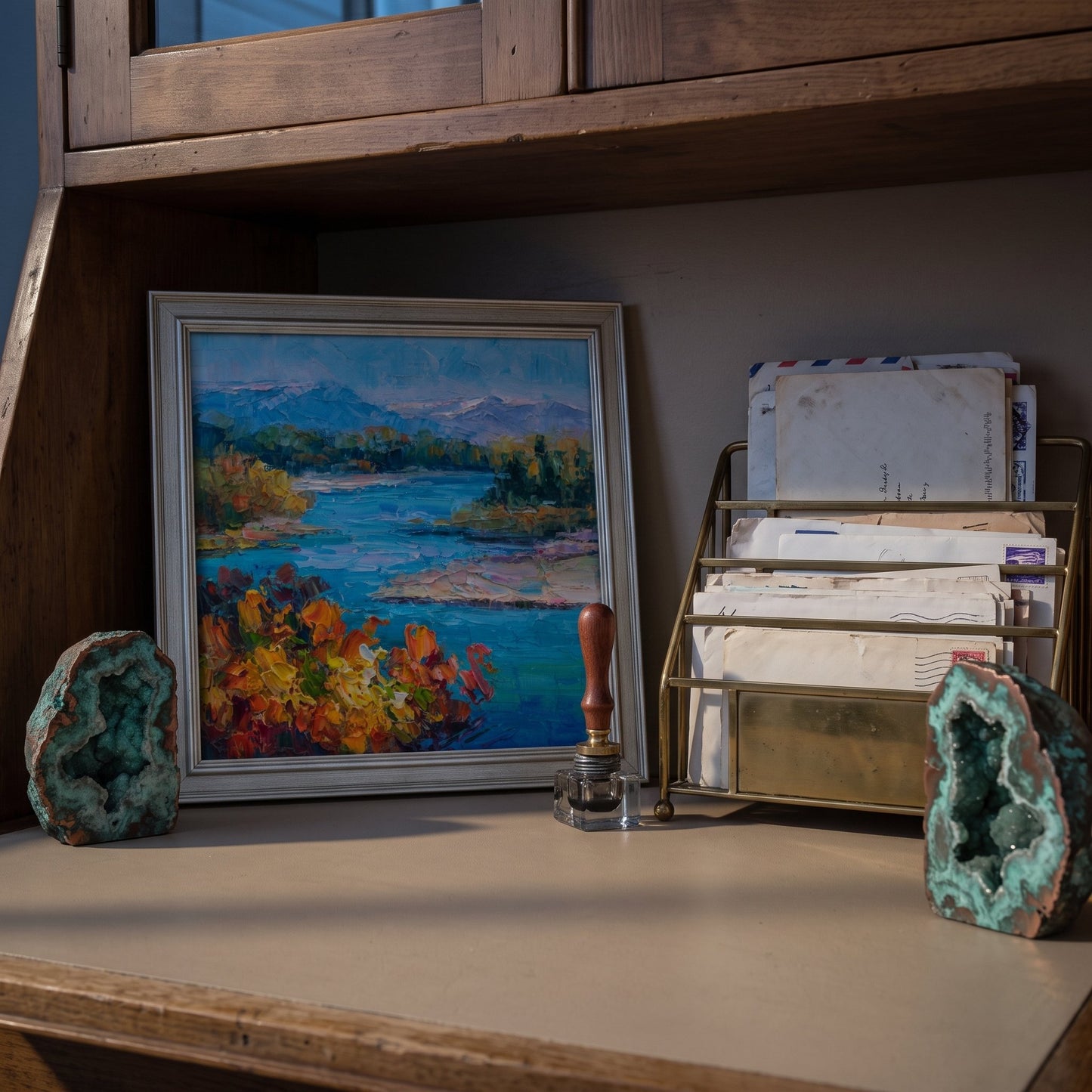 Mid-century modern study — Impressionist landscape painting adds vibrant color and natural serenity to the workspace