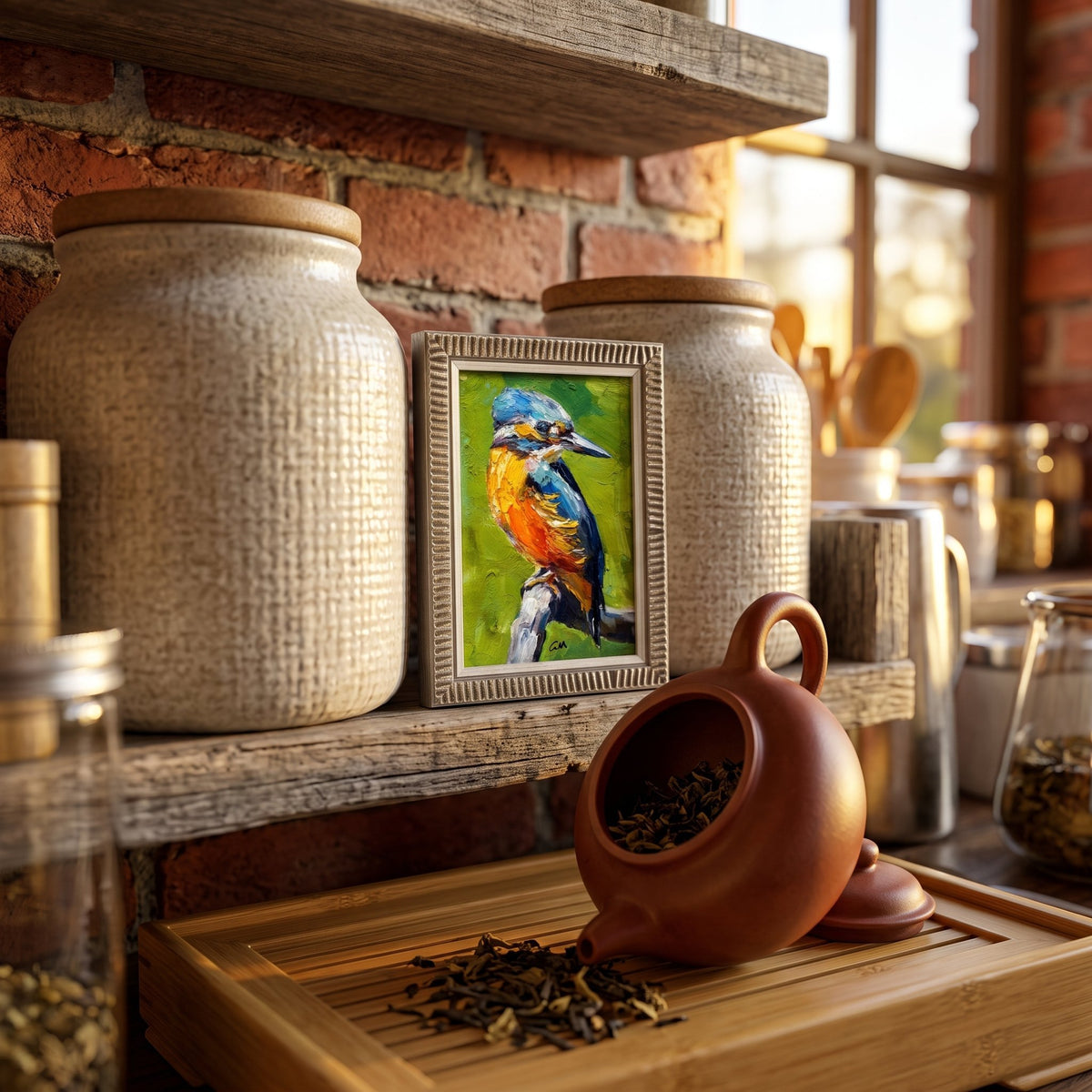 RusticFarmhouseKitchen — VibrantImpressionistBirdArtTransformsCozySpaceWithColorAndNature