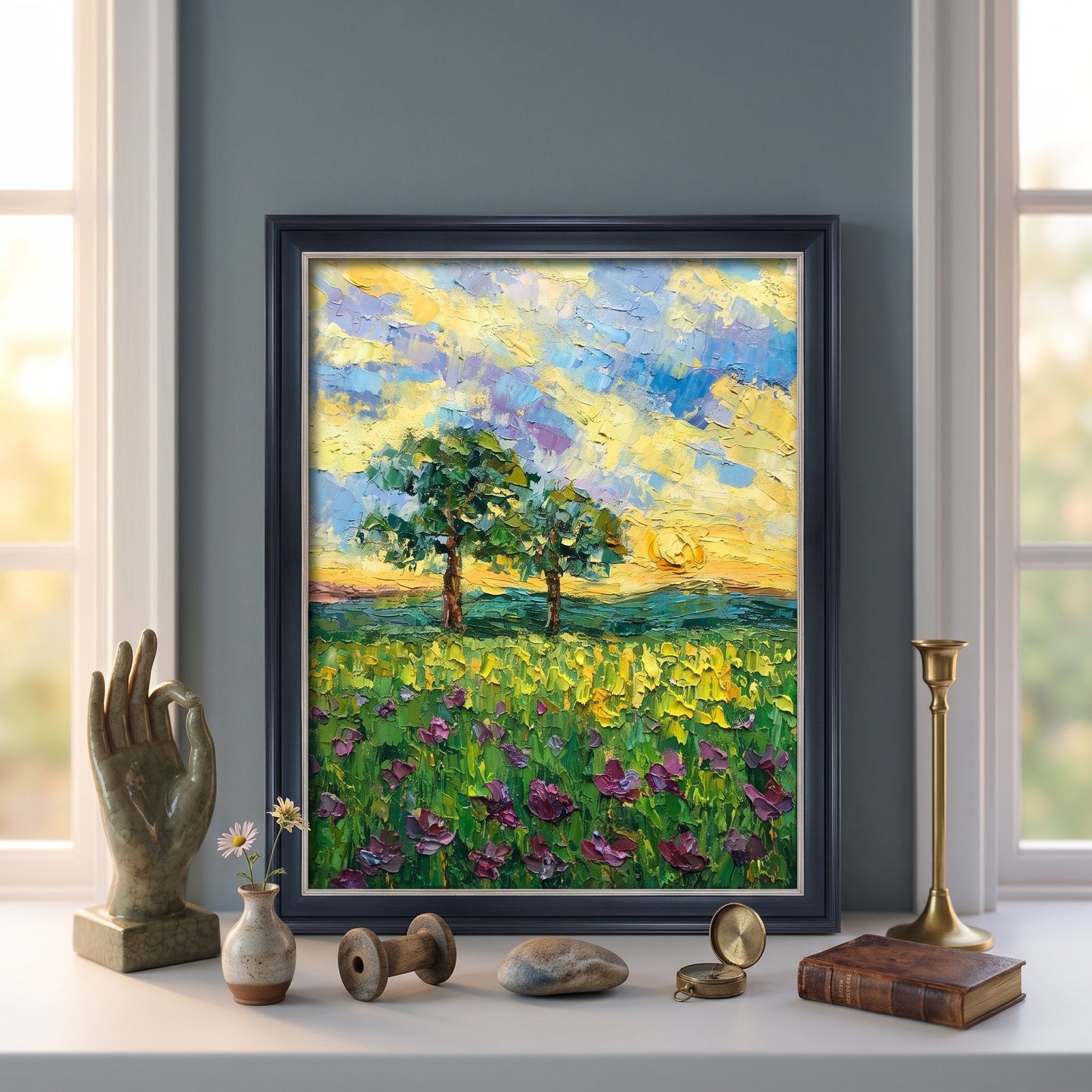 Contemporary living room — vibrant Impressionist landscape painting elevates neutral space with bold colors and textured brushwork