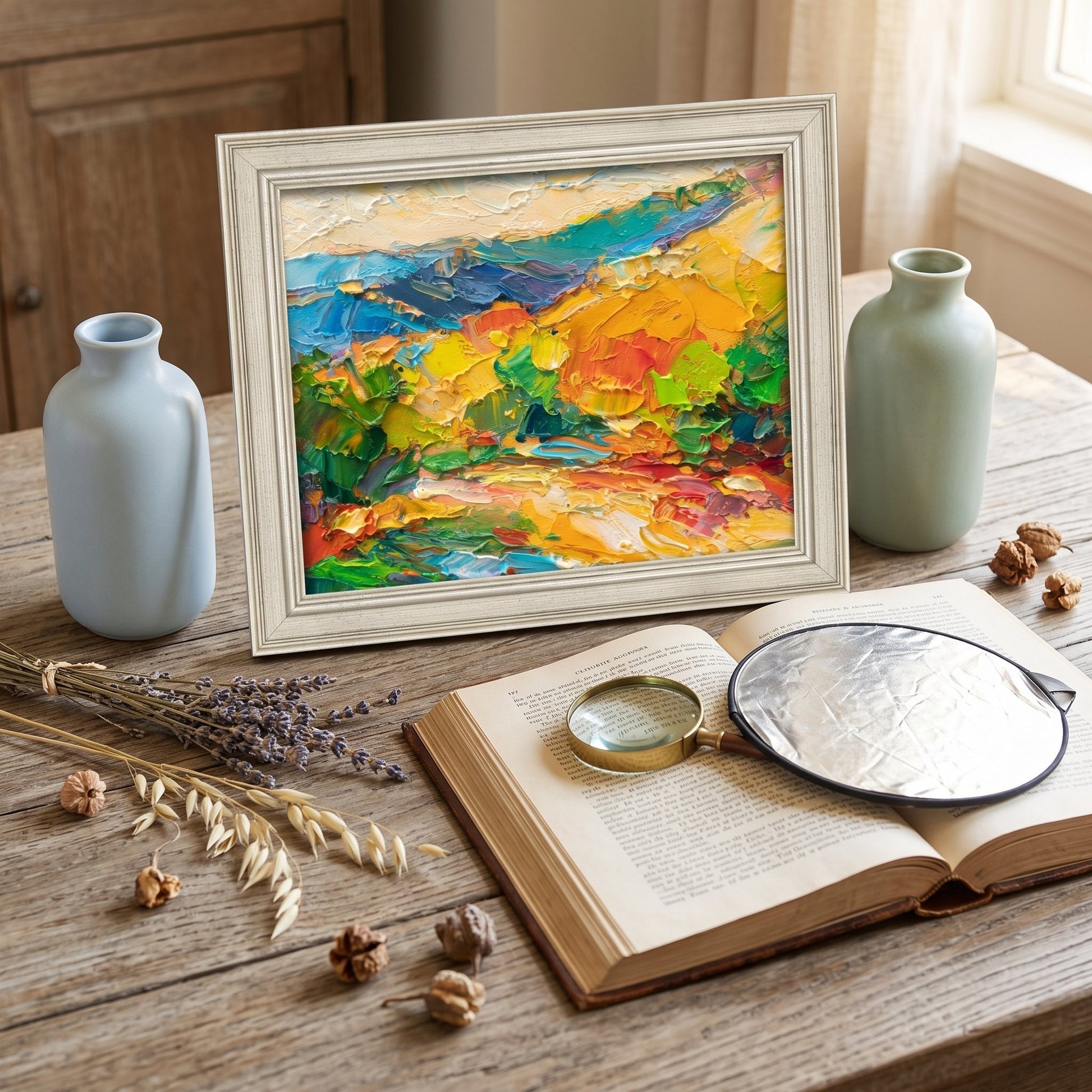 Rustic Farmhouse Study — Vibrant abstract landscape painting adds color and energy to a serene, book-filled workspace