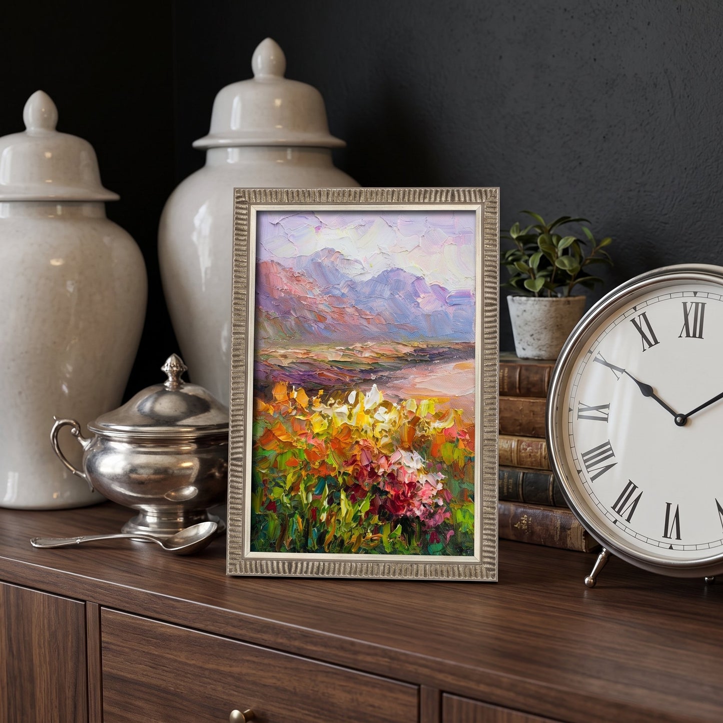 Contemporary entryway — vibrant Impressionist landscape transforms the space with color and texture