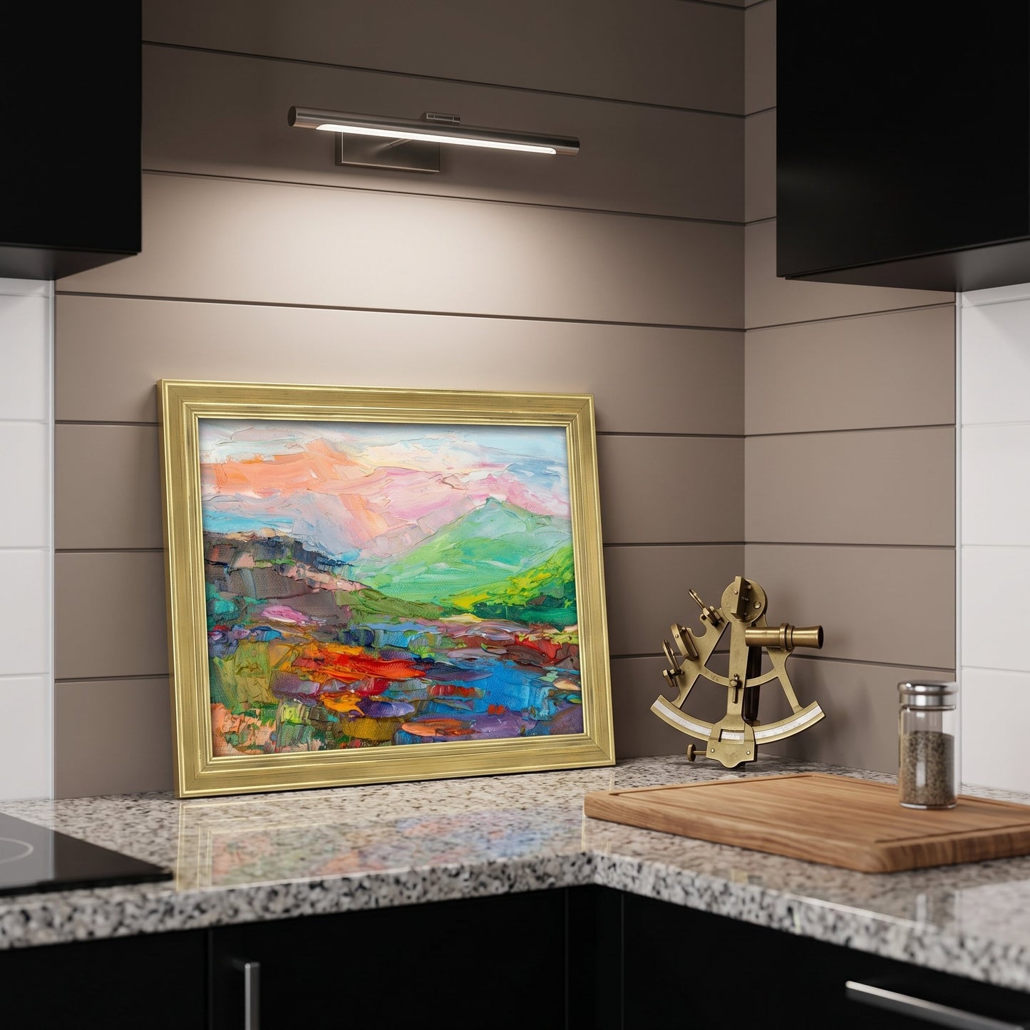 Contemporary kitchen — vibrant impressionist landscape painting adds color and warmth to minimalist space