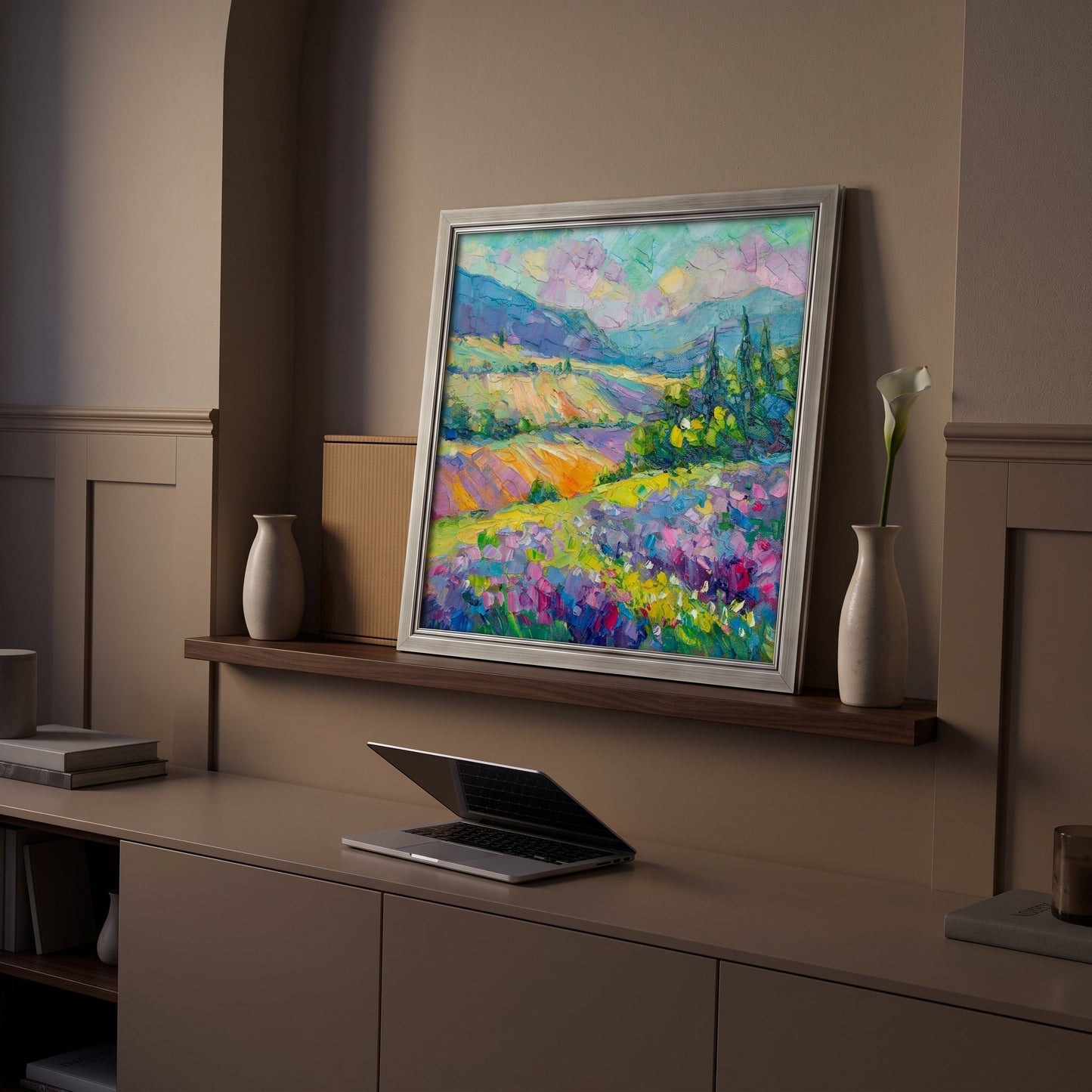 Contemporary home office — vibrant Impressionist landscape transforms neutral space with color and texture