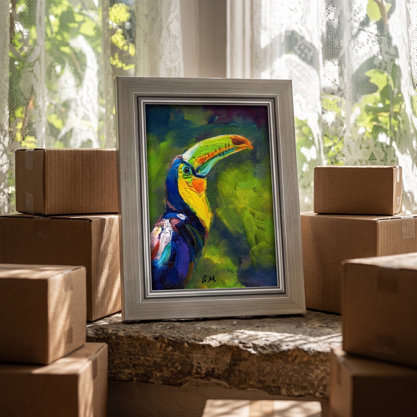 Entryway, rustic modern — Vibrant expressionist toucan painting adds tropical energy and color to a sunlit, transitional space