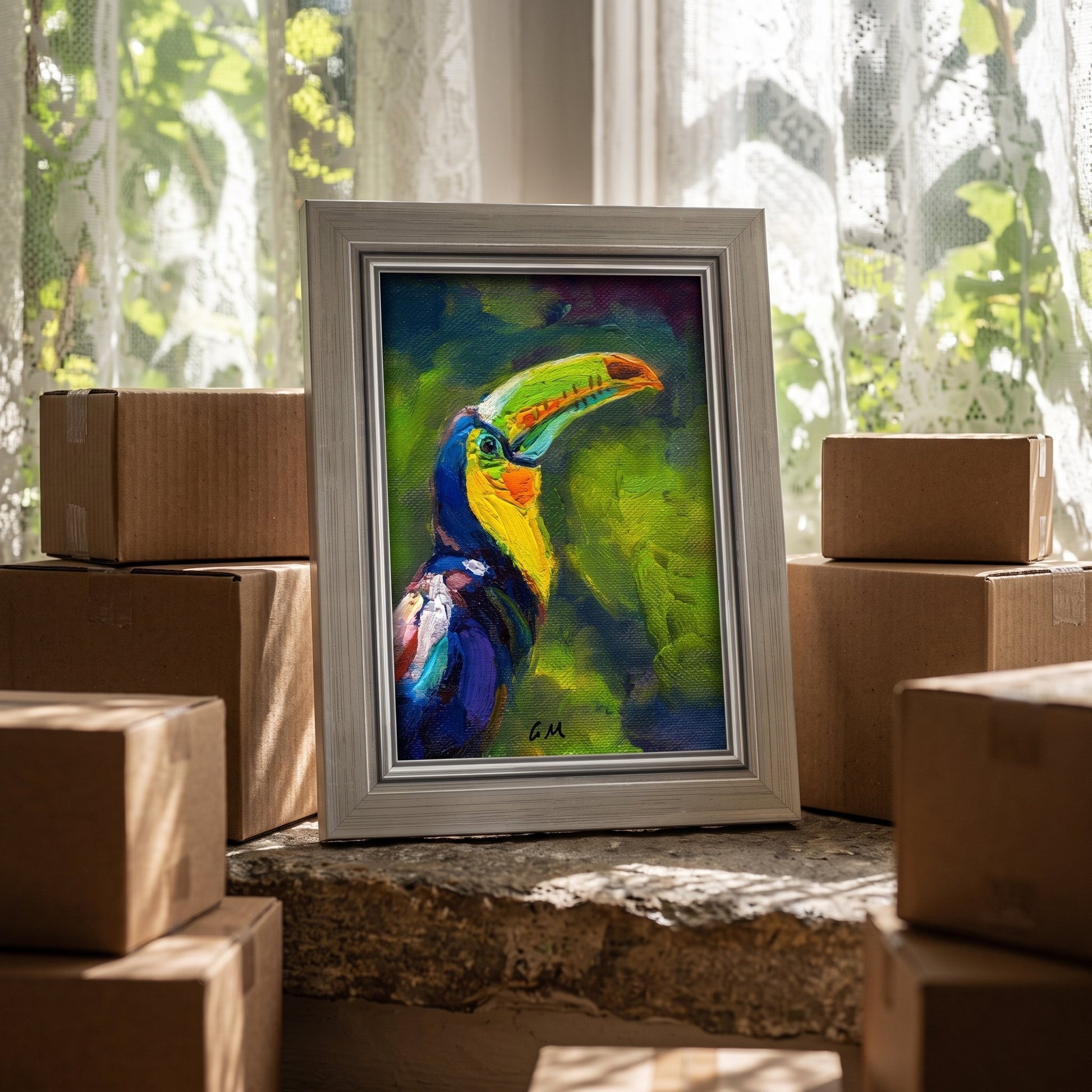 Entryway, rustic modern — Vibrant expressionist toucan painting adds tropical energy and color to a sunlit, transitional space