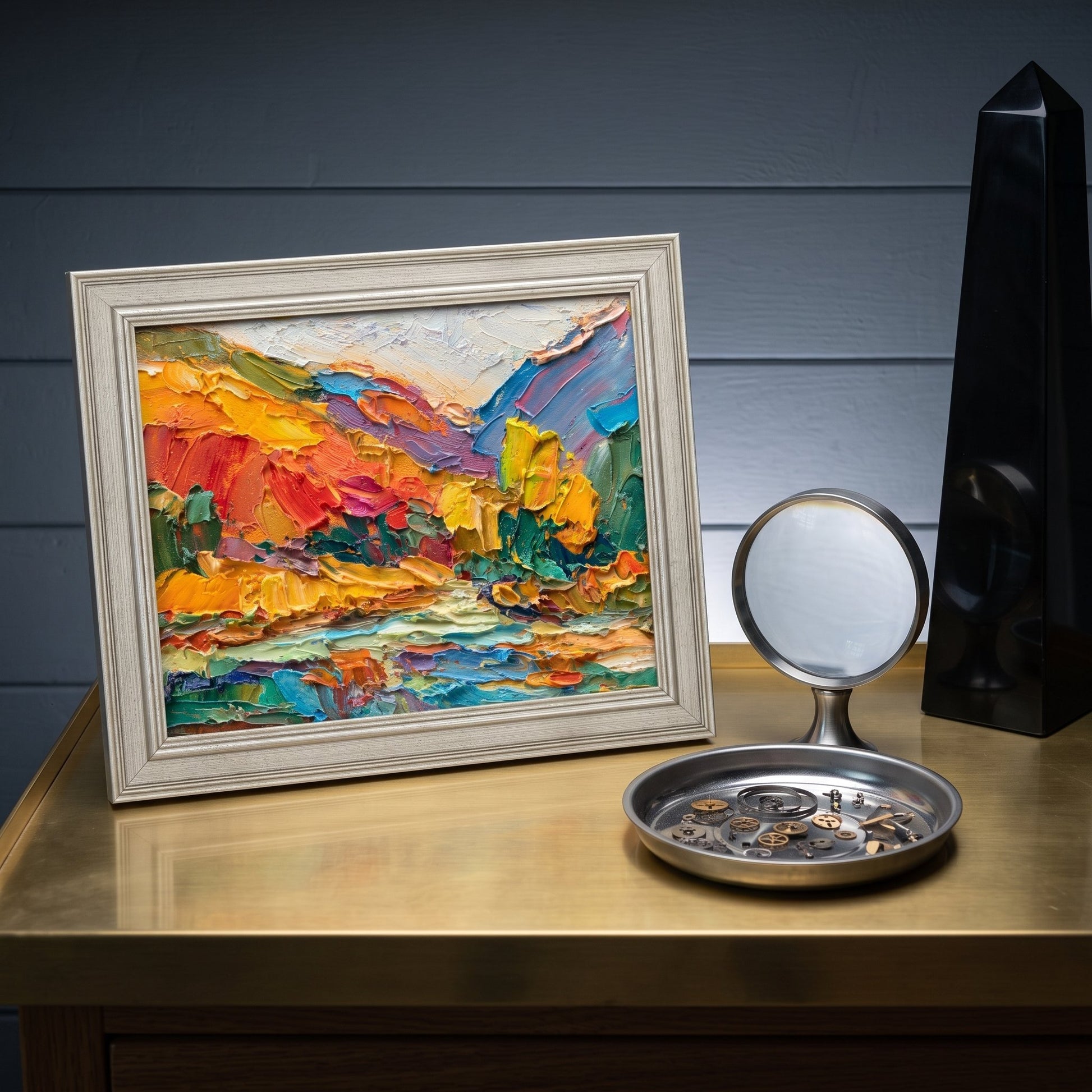 Contemporary entryway — vibrant expressionist landscape transforms minimalist space with bold color and texture