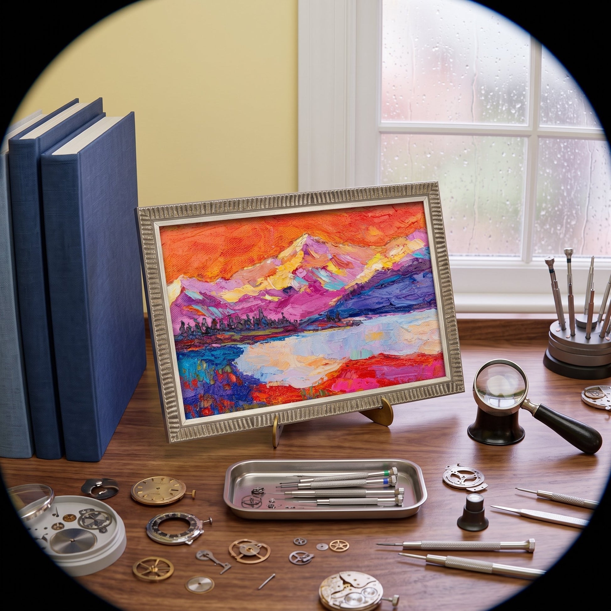 Vintage study — vibrant expressionist landscape painting transforms workspace into artistic sanctuary
