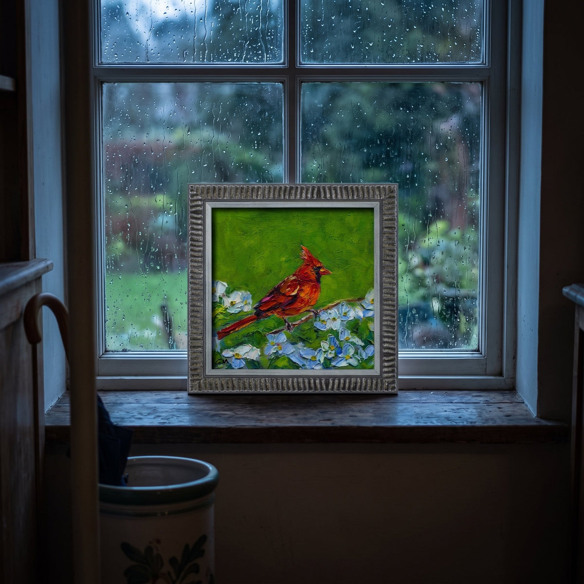Rustic farmhouse kitchen — Vibrant cardinal painting transforms rainy window nook with nature-inspired color and texture