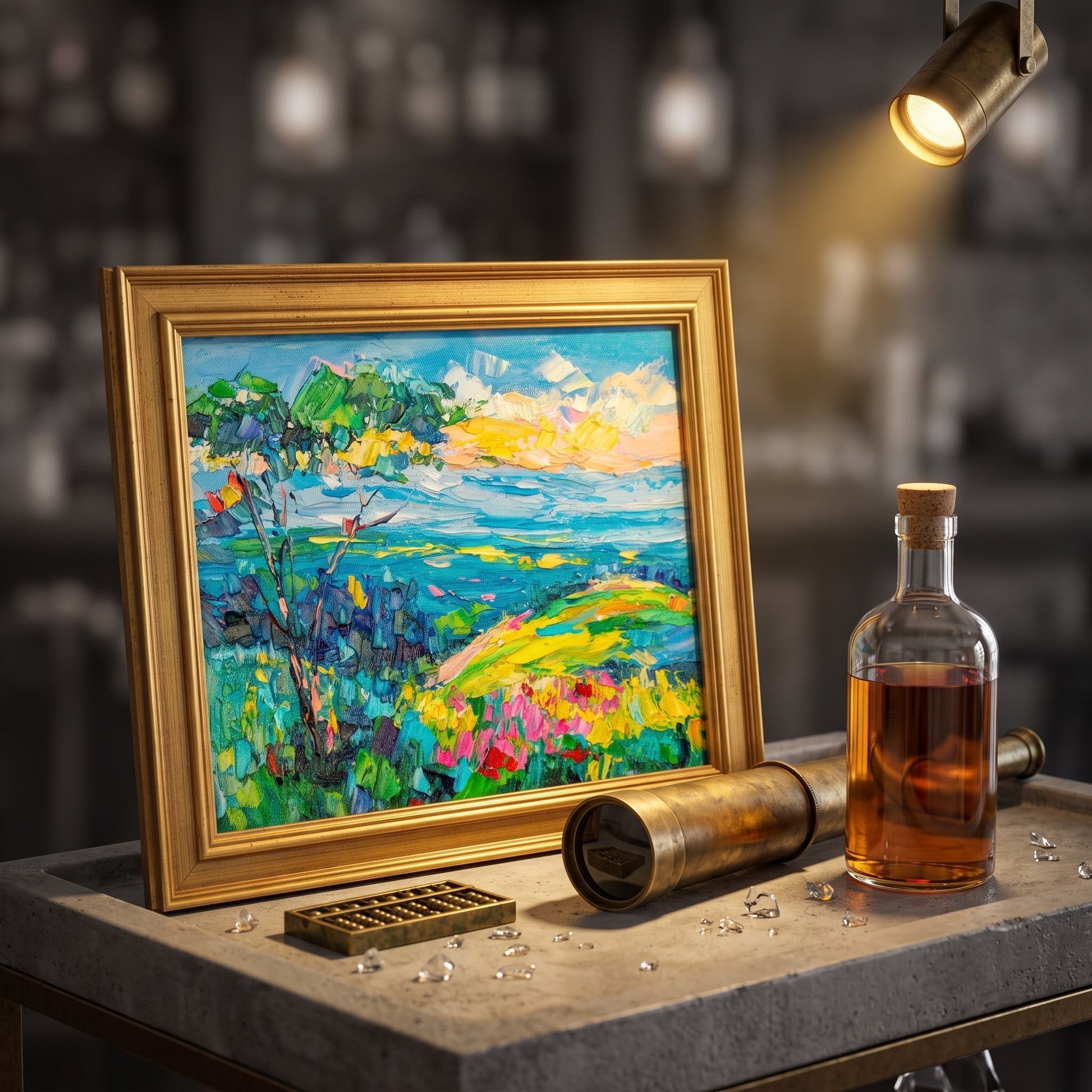 Industrial loft bar — vibrant Impressionist landscape elevates rustic space with bold color and warm lighting