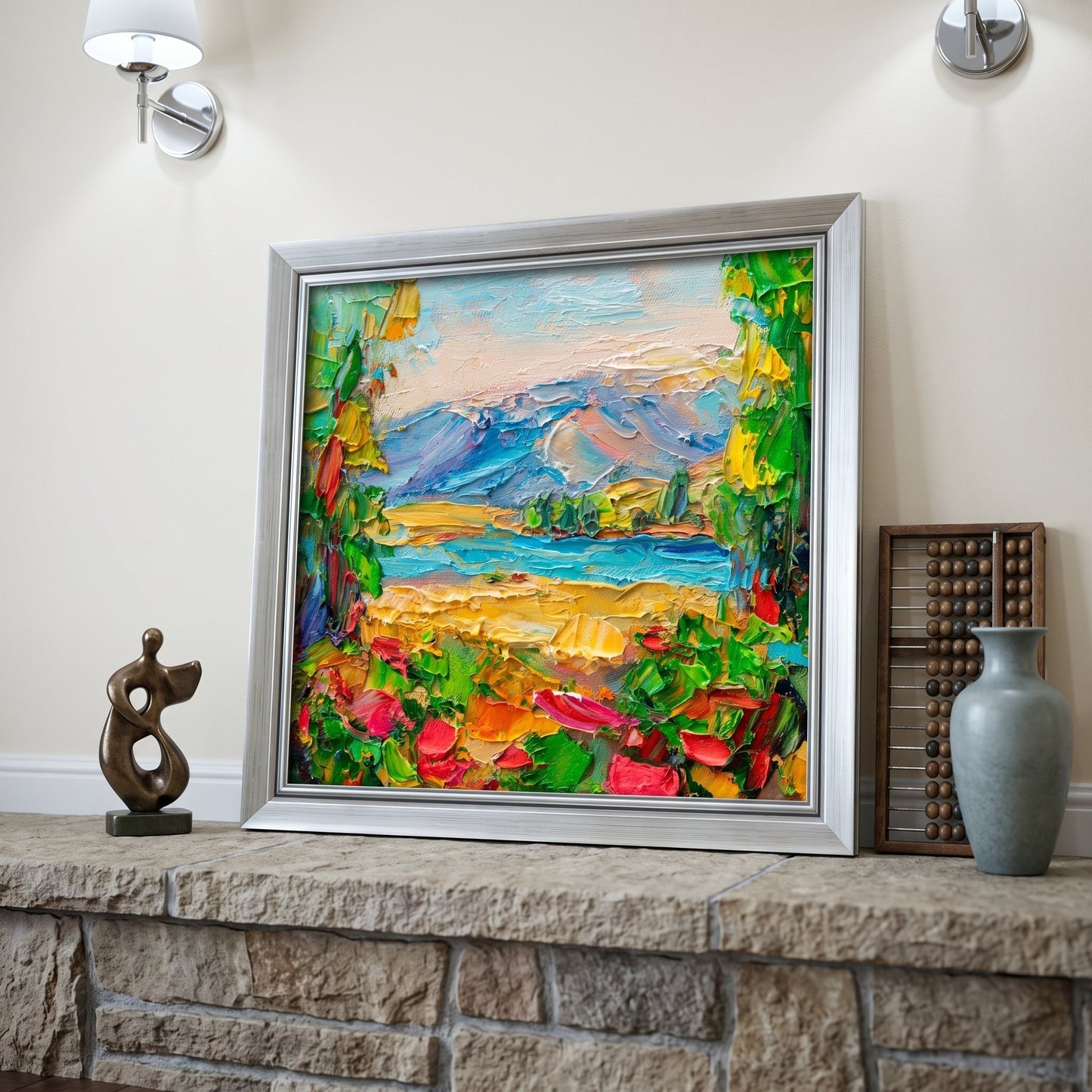 RusticFarmhouseLivingRoom — VibrantImpressionistLandscapePaintingAddsColorAndLifeToStoneMantelDisplay