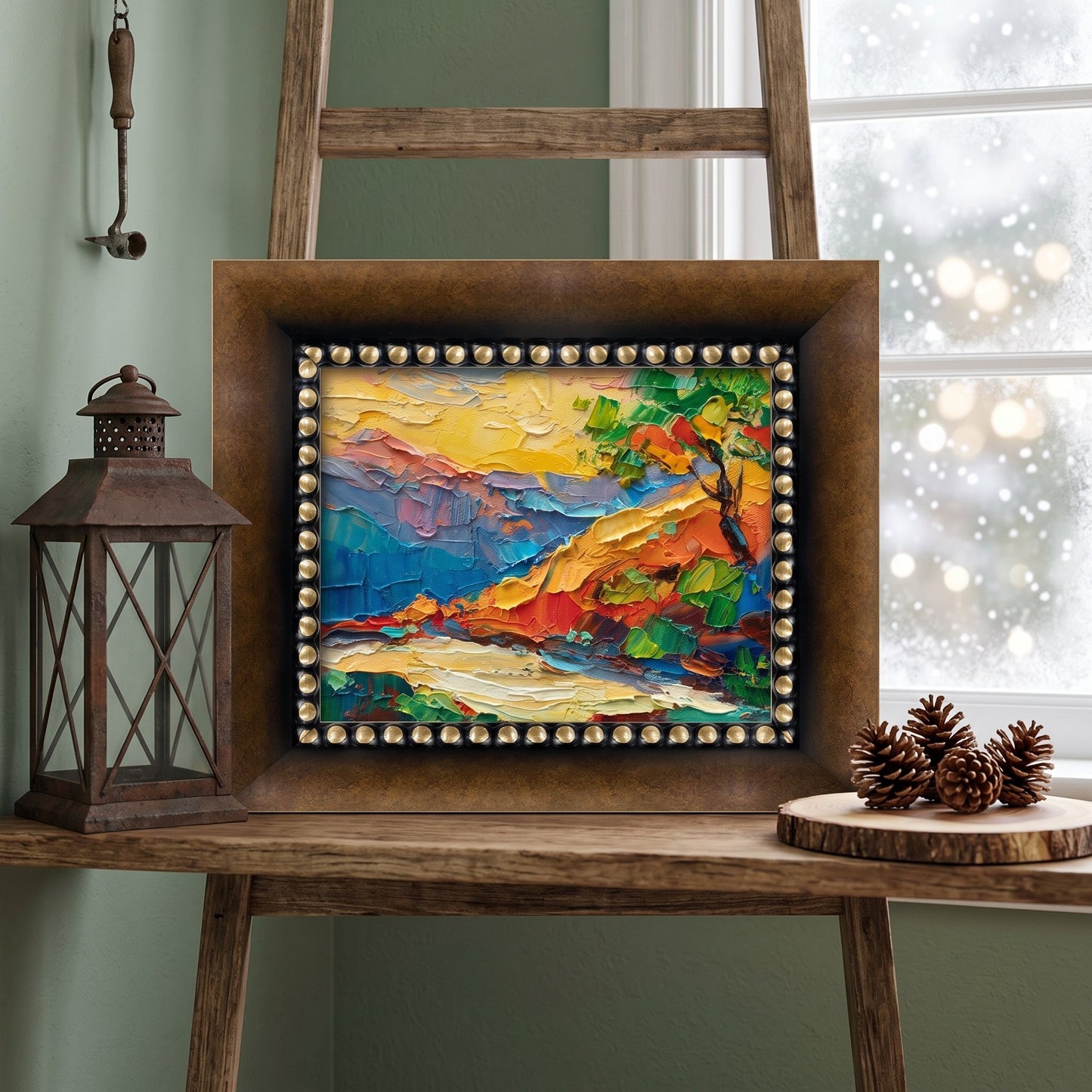 Rustic Farmhouse Living Room — Vibrant Expressionist Landscape Adds Warmth and Energy to Natural Wood Decor