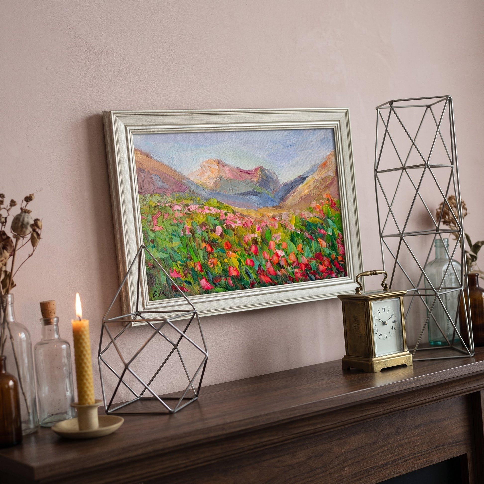 Entryway, rustic farmhouse — vibrant Impressionist landscape painting transforms the space with color and serenity