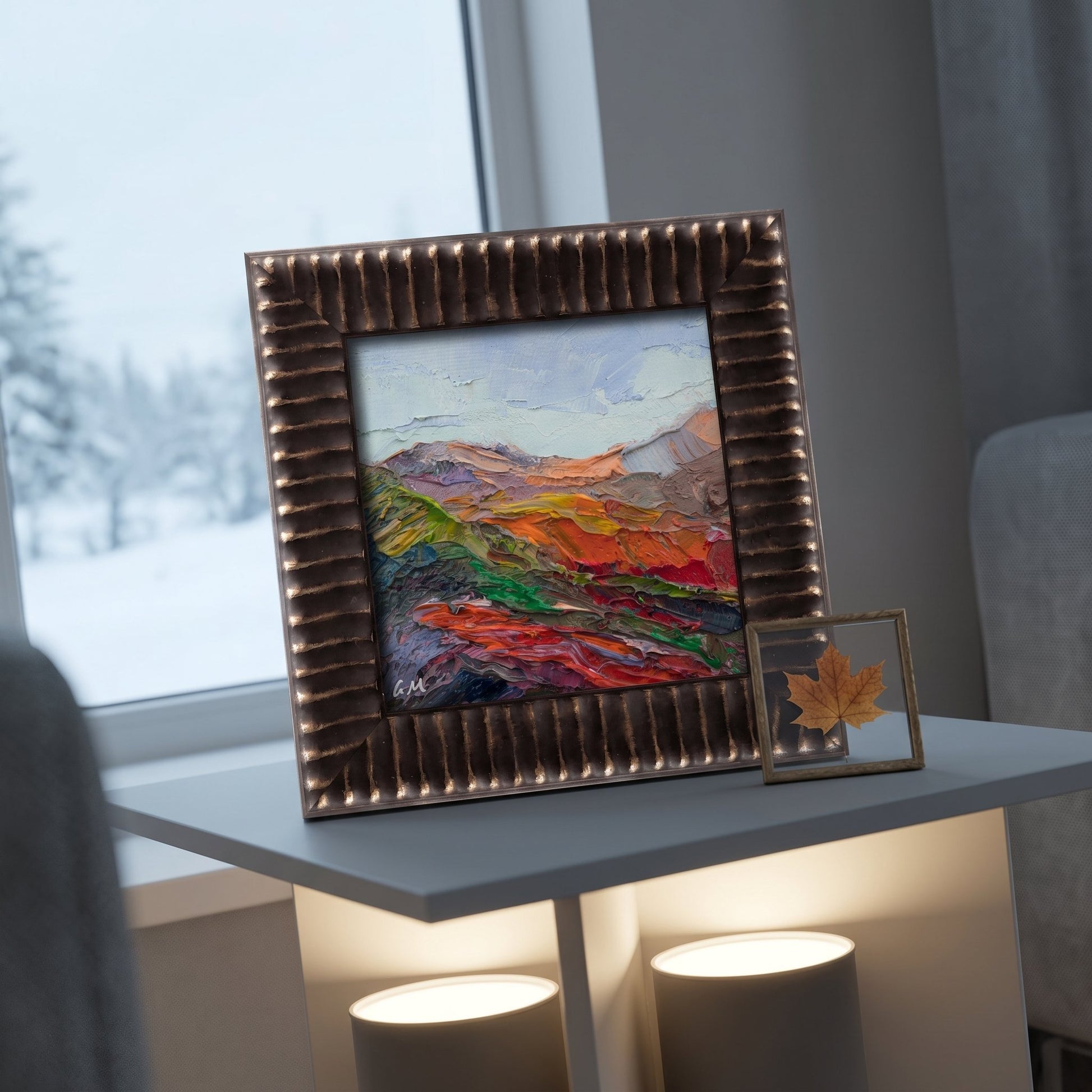 Contemporary living room — vibrant Expressionist landscape painting adds color and drama to minimalist space