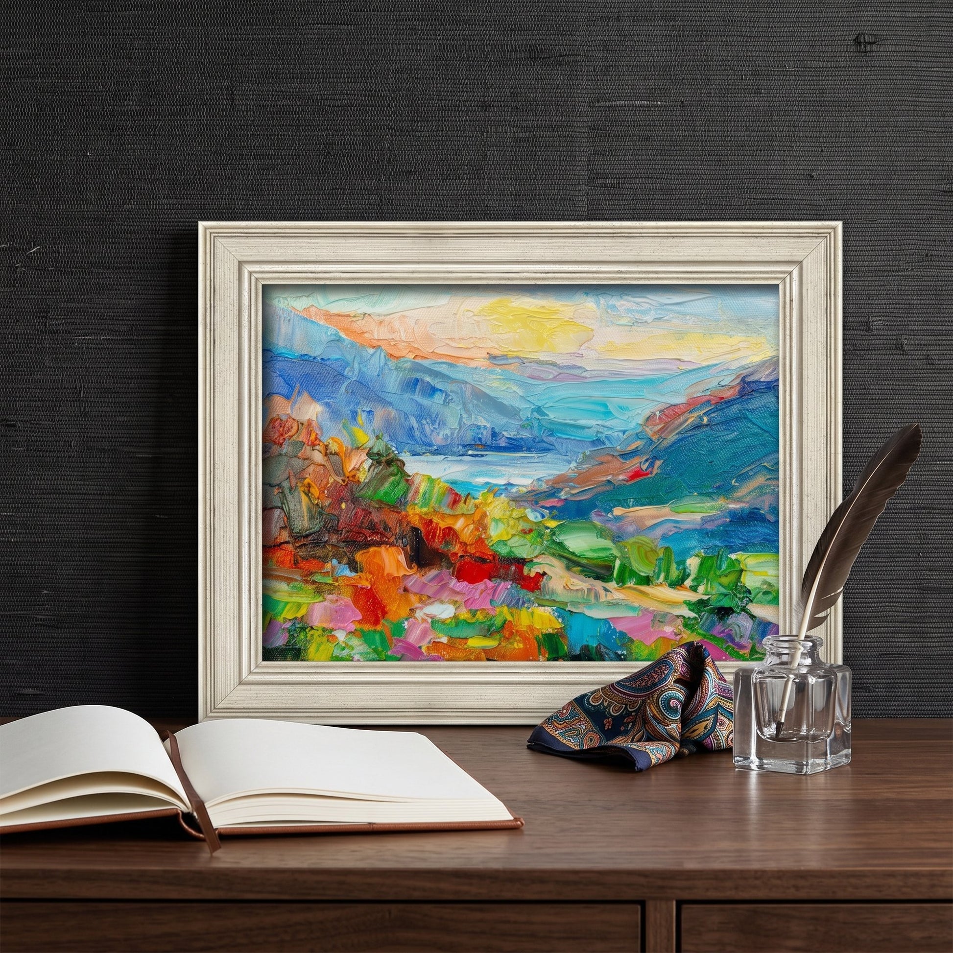 Study, minimalist decor — vibrant expressionist landscape painting transforms the space with bold color and texture