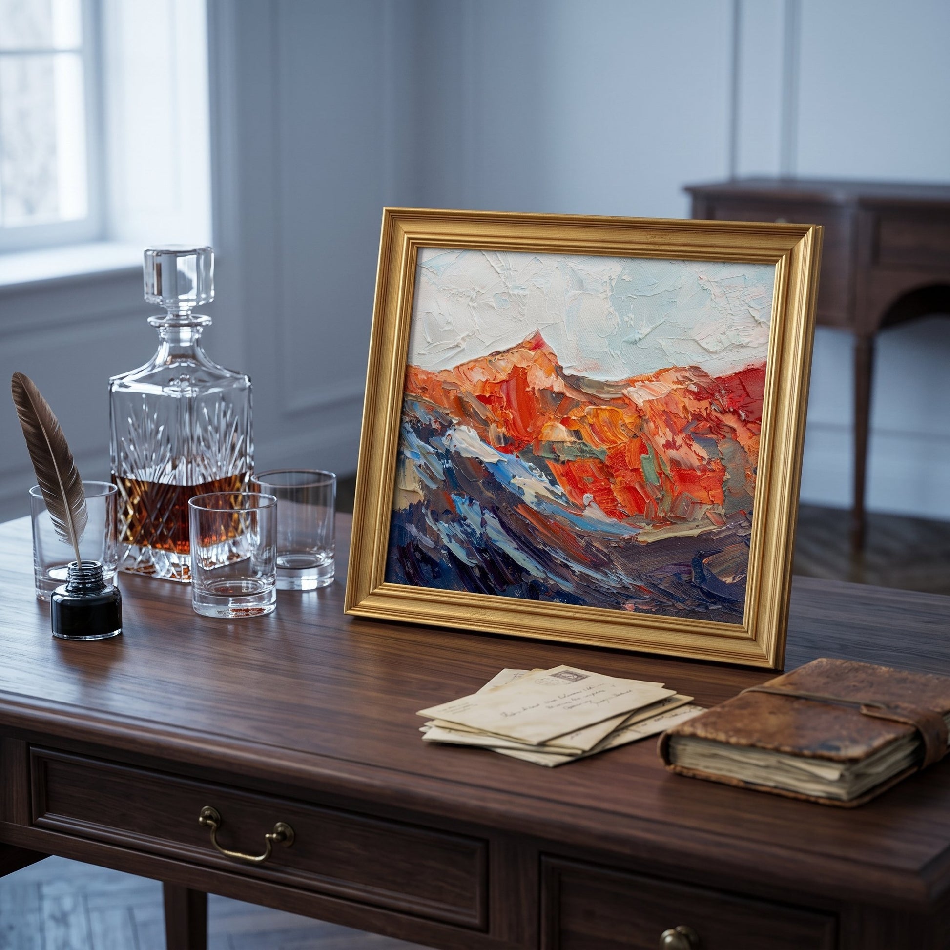 Study, Classic Decor — Expressionist landscape painting adds vibrant energy and artistic depth to a refined workspace