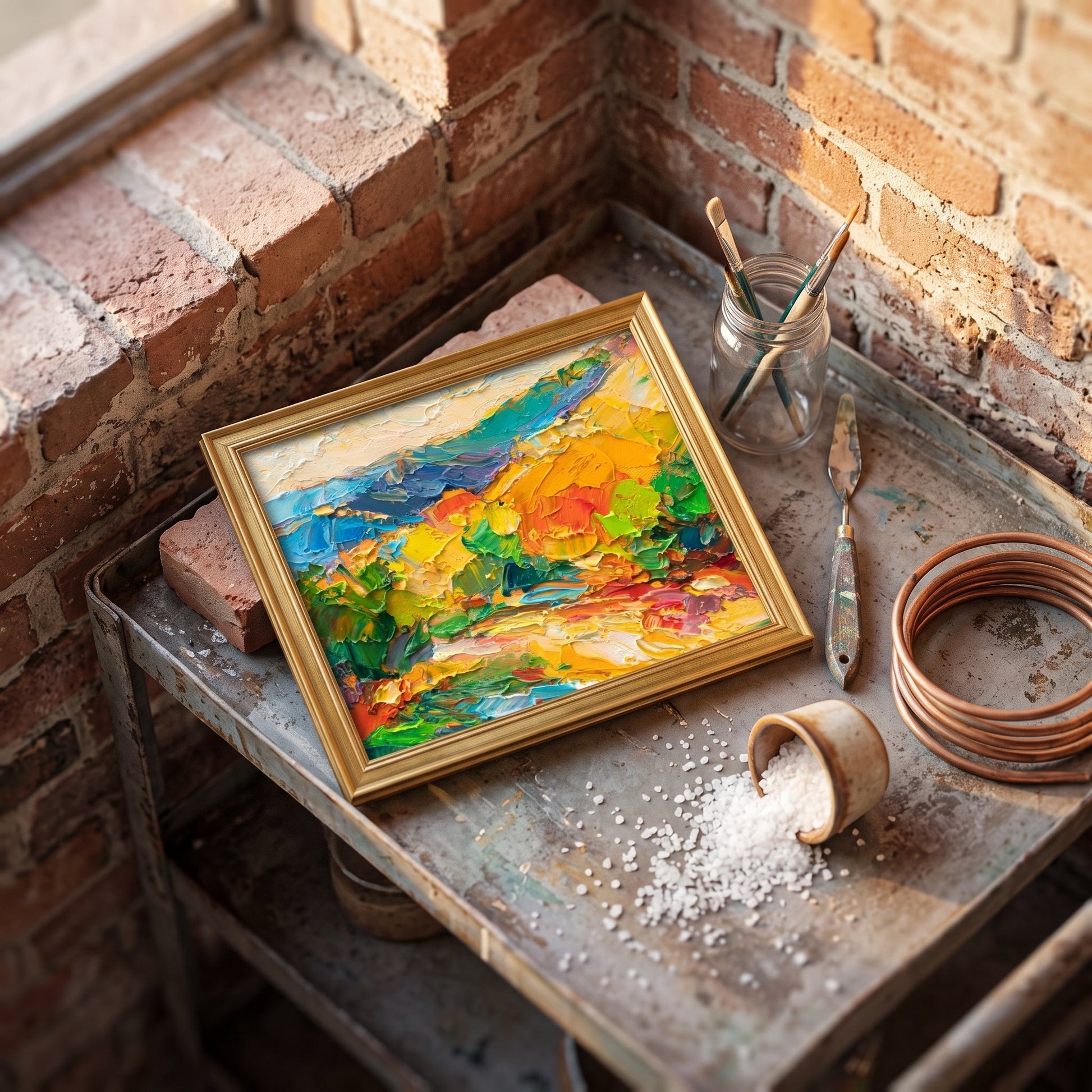 Rustic industrial studio — vibrant expressionist landscape painting adds artistic energy and color contrast to the raw brick and metal space