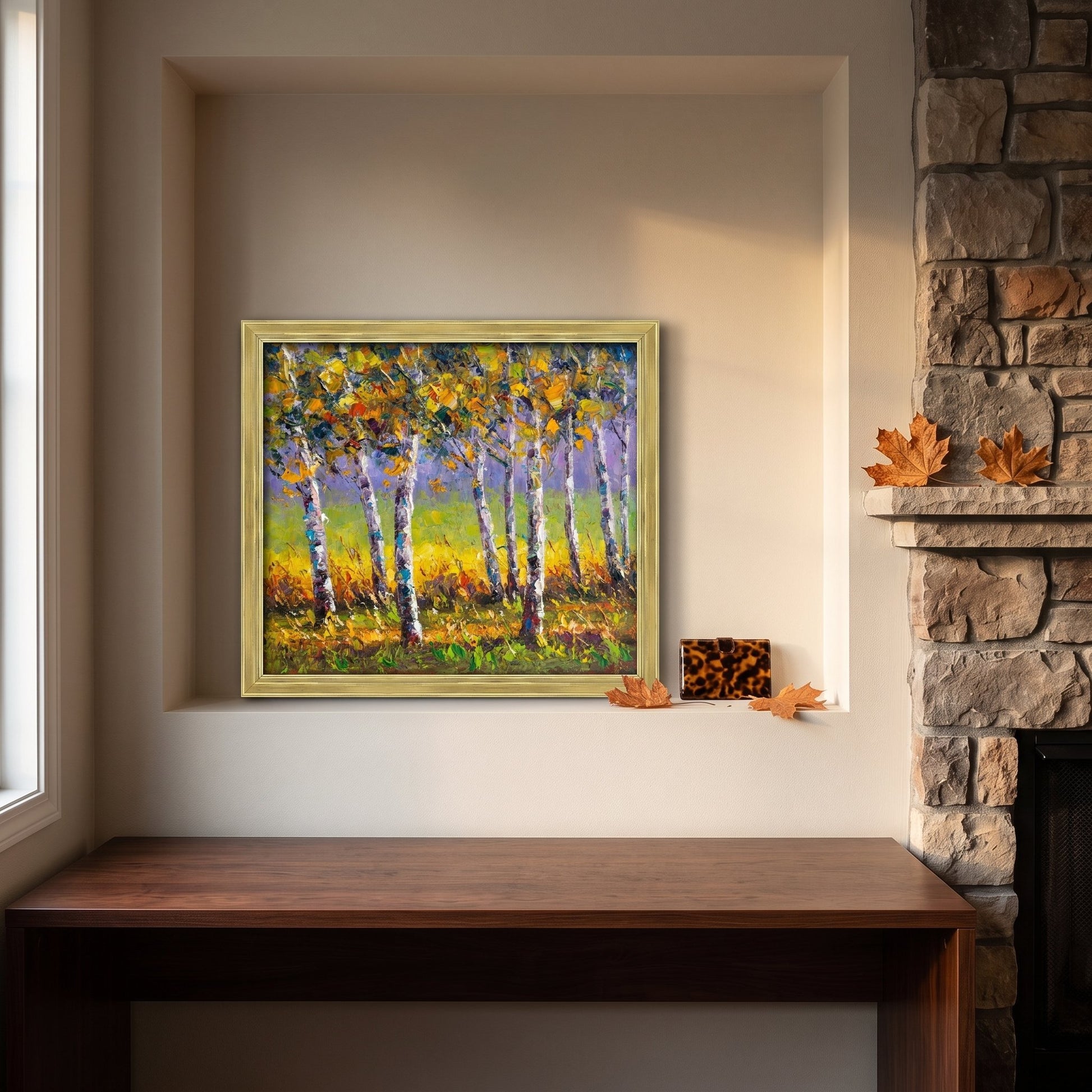 Rustic Farmhouse Entryway — Impressionist landscape painting adds warmth and natural charm with autumnal colors and textured brushwork
