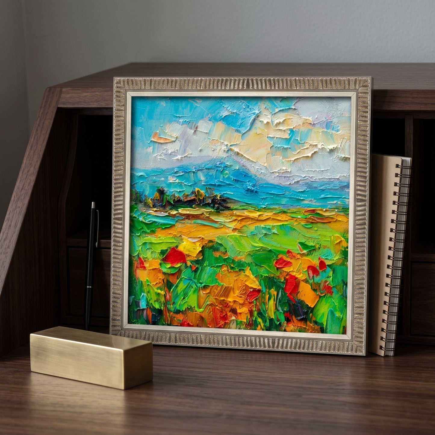 Contemporary home office — vibrant Impressionist landscape adds warmth and artistic energy to minimalist workspace