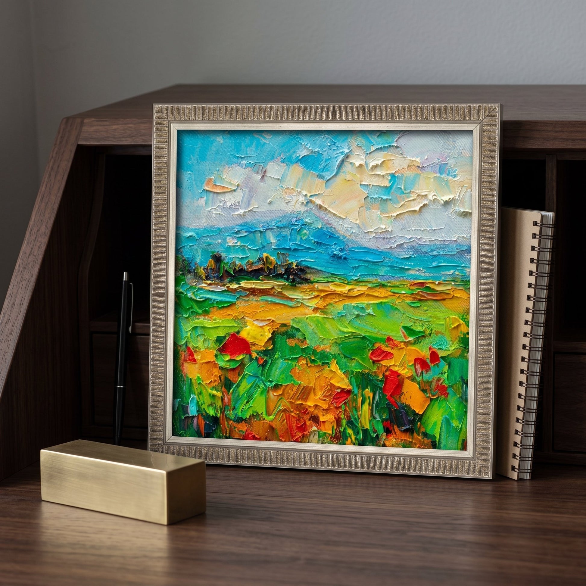 Contemporary home office — vibrant Impressionist landscape adds warmth and artistic energy to minimalist workspace