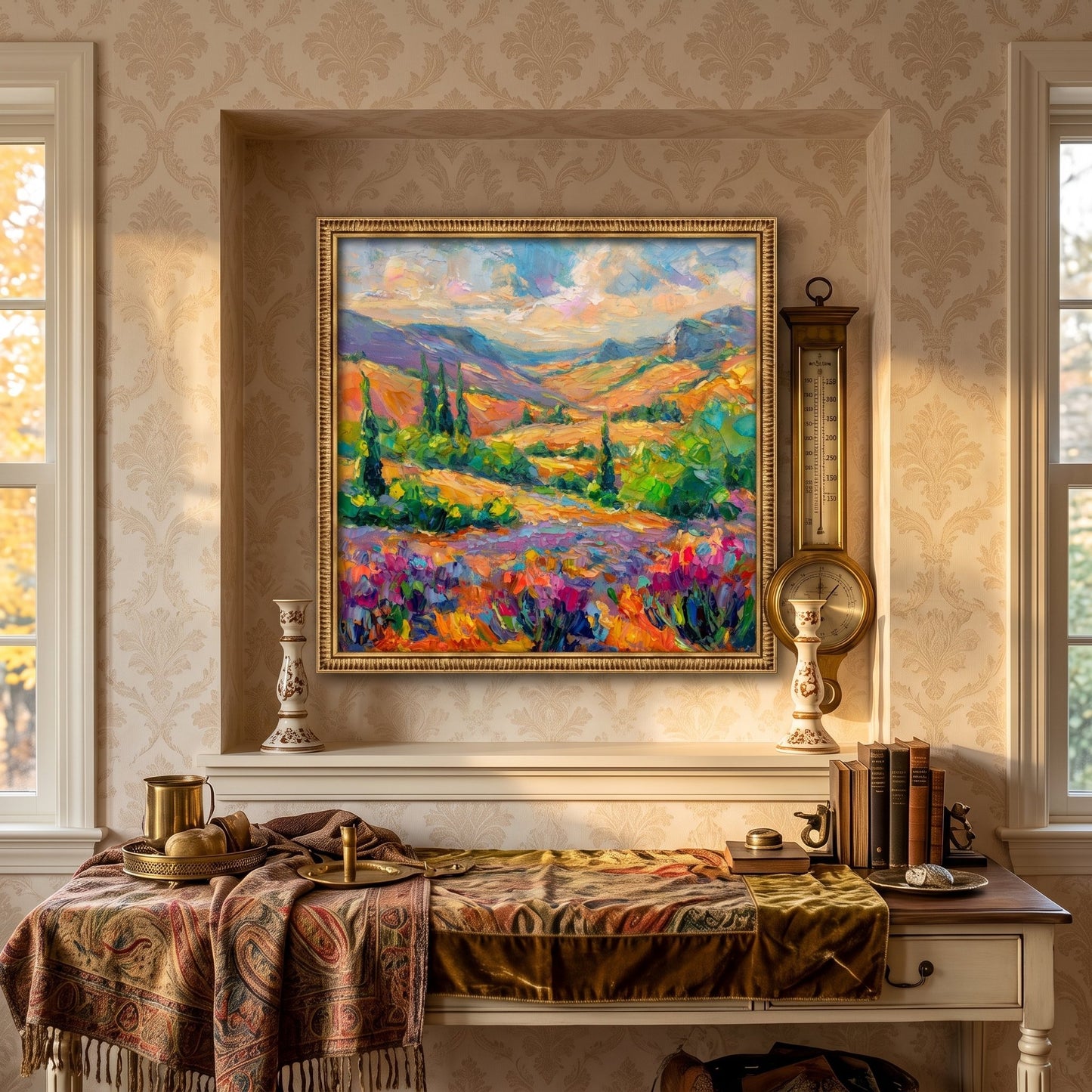 Victorian study — Impressionist landscape painting adds vibrant color and serene energy to elegant traditional decor